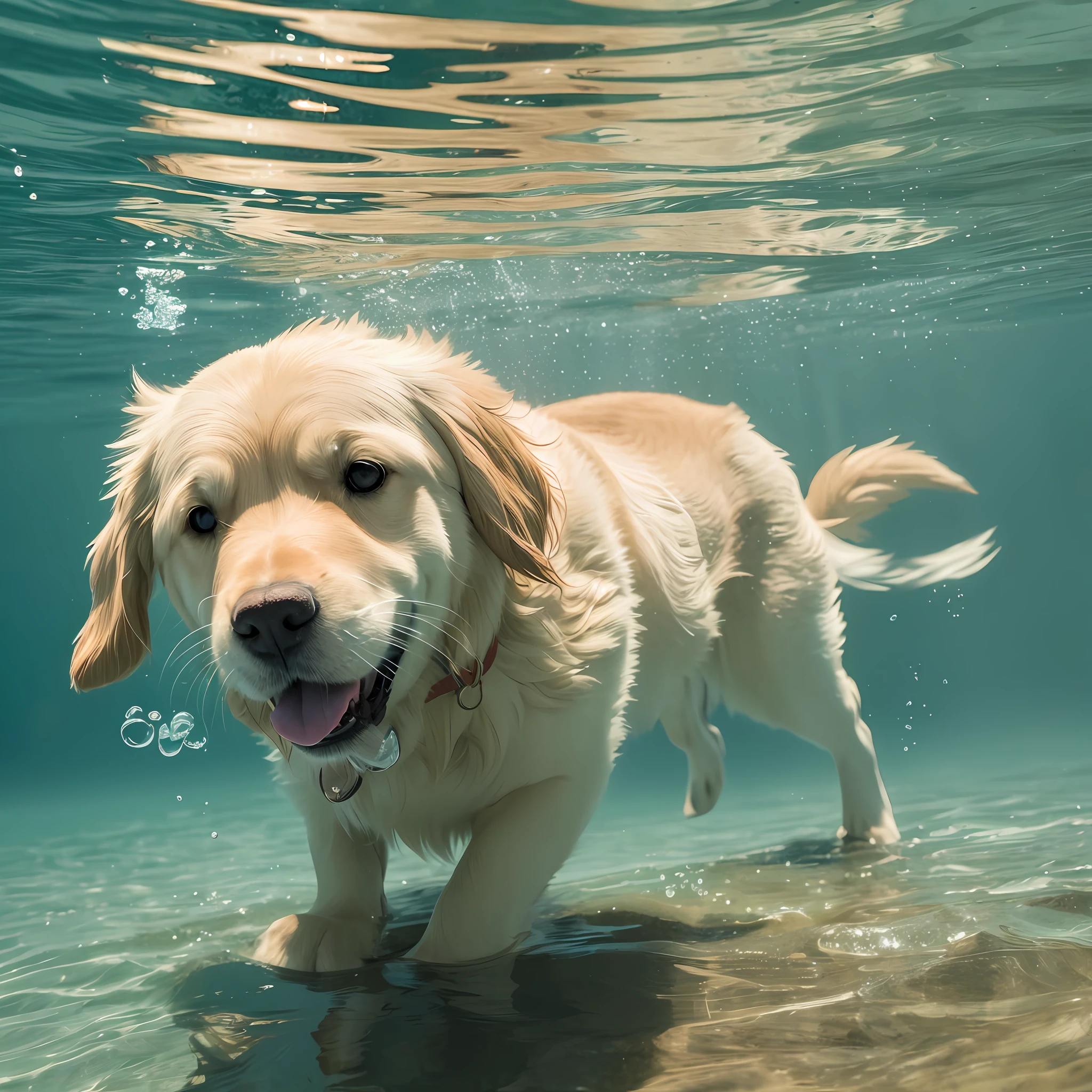 "Golden Retriever dog swimming underwater, sunlight filtering through water, crystal clear water, depth, fluid movement" --auto --s2