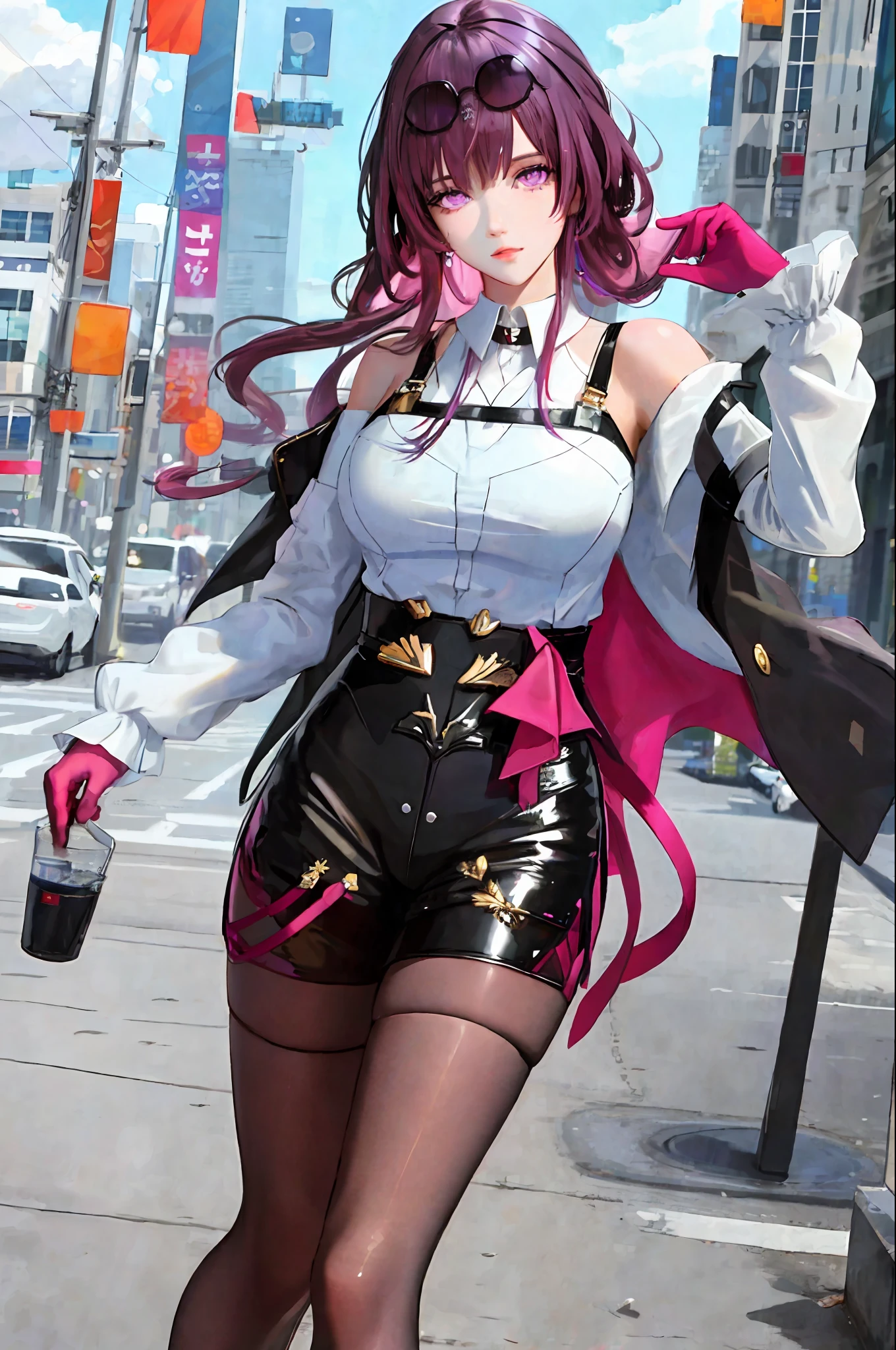 masterpiece, best quality,kfk, 1girl, bangs, bare_shoulders, skirt, breasts, gloves, jewelry, large_breasts, long_hair, long_sleeves, pantyhose, purple_eyes, purple_hair, shirt, solo,viewer,sunglasses,bikini, (sun, cloud,renaissance city around water,outdoors :1.1),rendered in blender((isometric)),