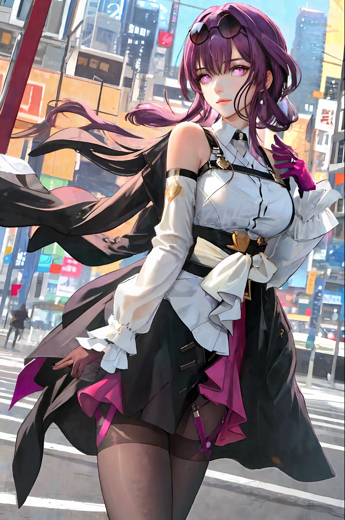 masterpiece, best quality,kfk, 1girl, bangs, bare_shoulders, skirt, breasts, gloves, jewelry, large_breasts, long_hair, long_sleeves, pantyhose, purple_eyes, purple_hair, shirt, solo,viewer,sunglasses,bikini, (sun, cloud,renaissance city around water,outdoors :1.1),rendered in blender((isometric)),