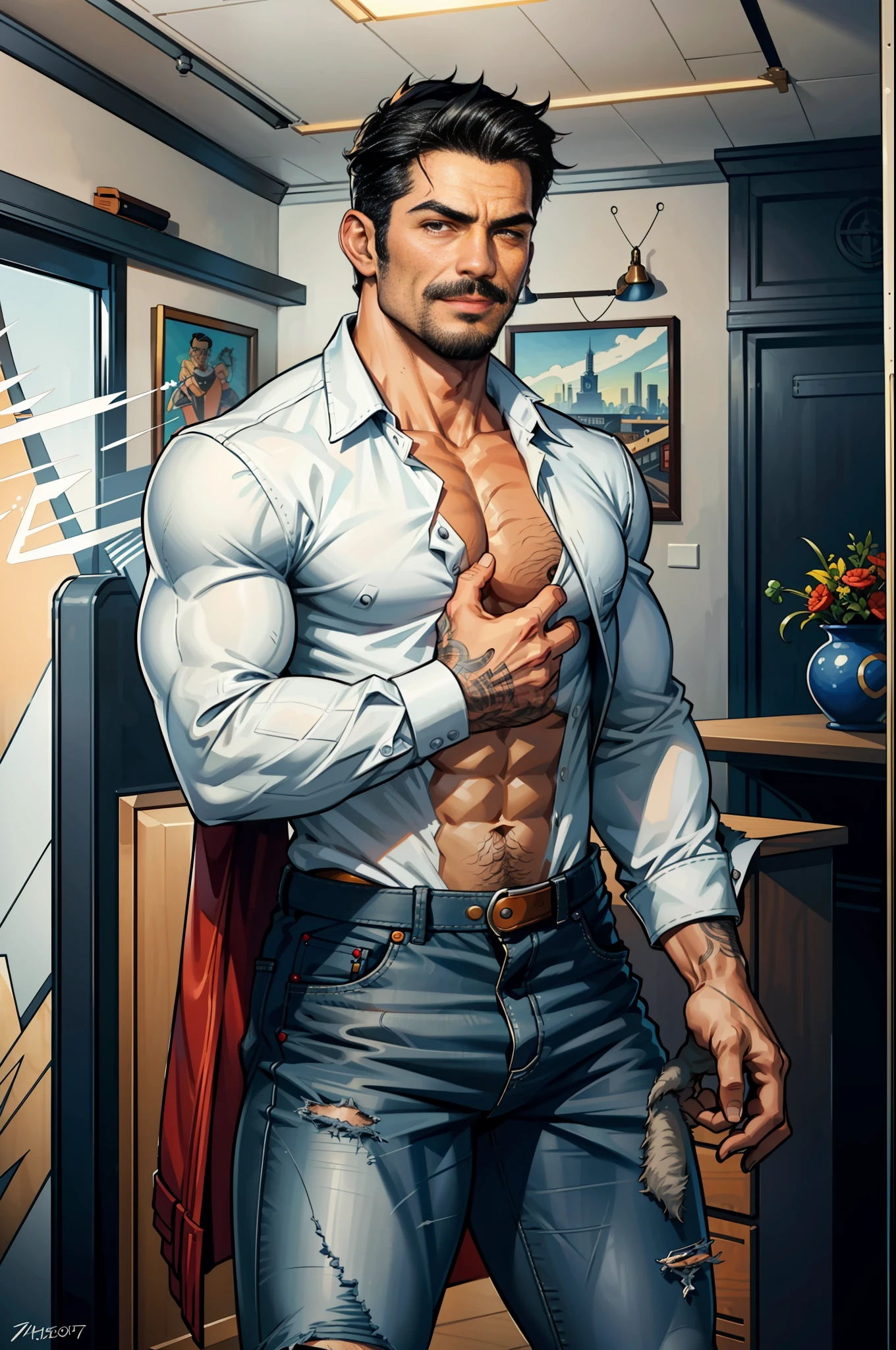 (original-art:1.2),(lineart:1.33), 1male, black hair, 1950s greaser, mature masculine muscular, handsome chisled facial features, muscular hairy body, 70s mustache, unbuttoned ripped white shirt, open shirt, un-zipped jeans, opened pants, pubic hair, huge crotch bulge, sexy, hot, jock, erotic, (hyperdefined),(inked-art), hero-angle, masculine stance, erotica, full body shot, cartoon, indoor, dramatic lighting, sidelighting,complex lighting,(full vibrant colors),hatched-texture,(fine-details:1.2),absurdres,flat-colors,ultradetailed, city street,