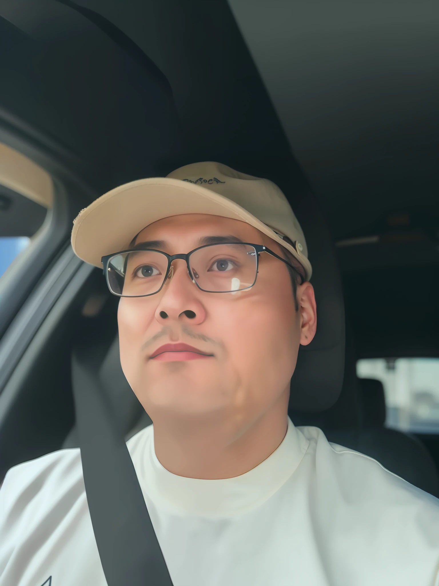 There is a man in a hat and glasses sitting in the car, 8K selfie photo, taken in the early 20s of the 20th century, avatar avatar, Deng Junfeng, 40 years old, taken with a Laika camera,