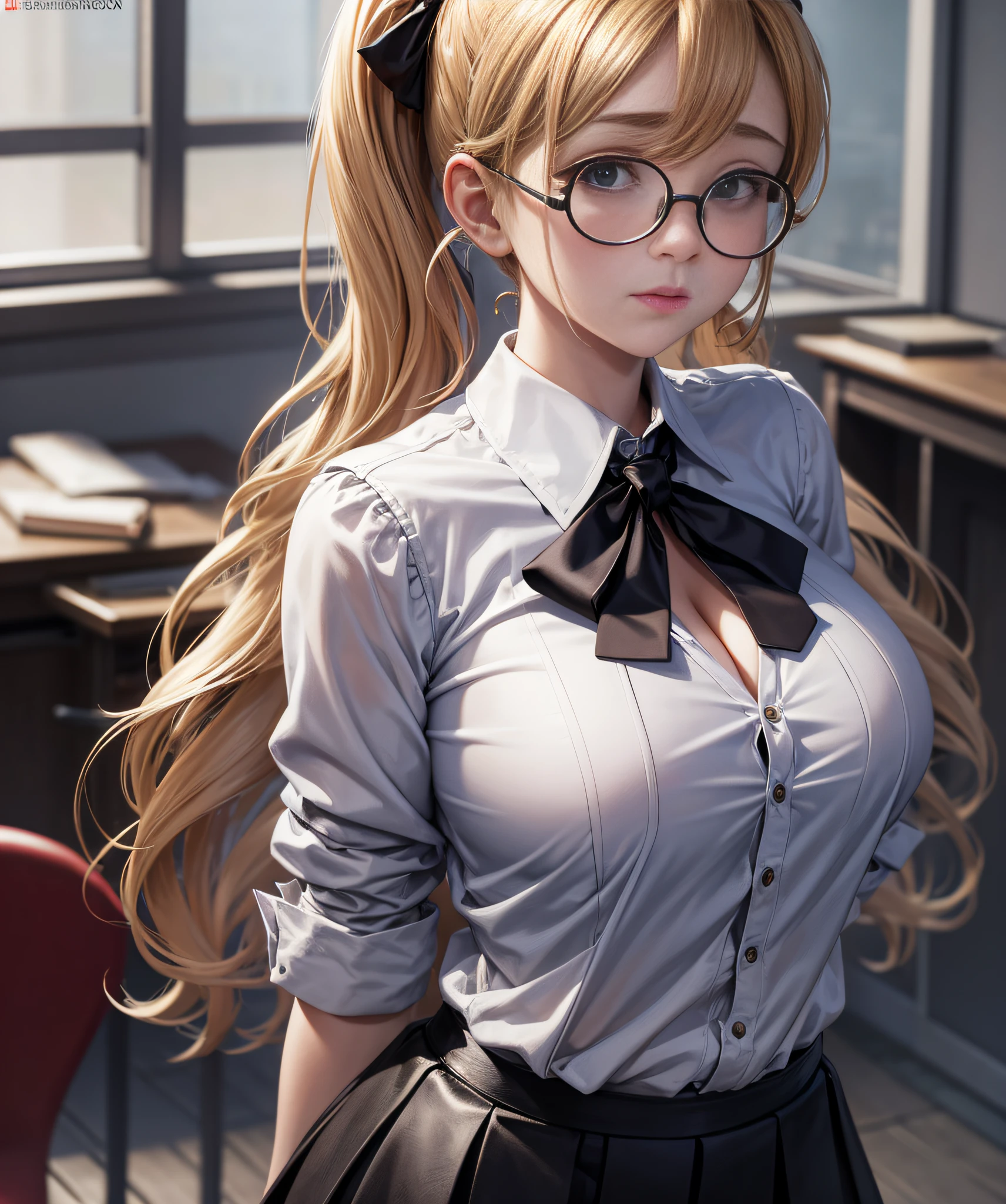 Masterpiece, 8k, very detailed, foto quality, best quality, Hermione ,long blond hair, pigtails,glasses, tight white button-up shirt, neck tie, short skirt, high heels, ((huge boobs))+++, huge button gaps, (bursting out)+++, standing in class room with other female wizards --auto --s2
