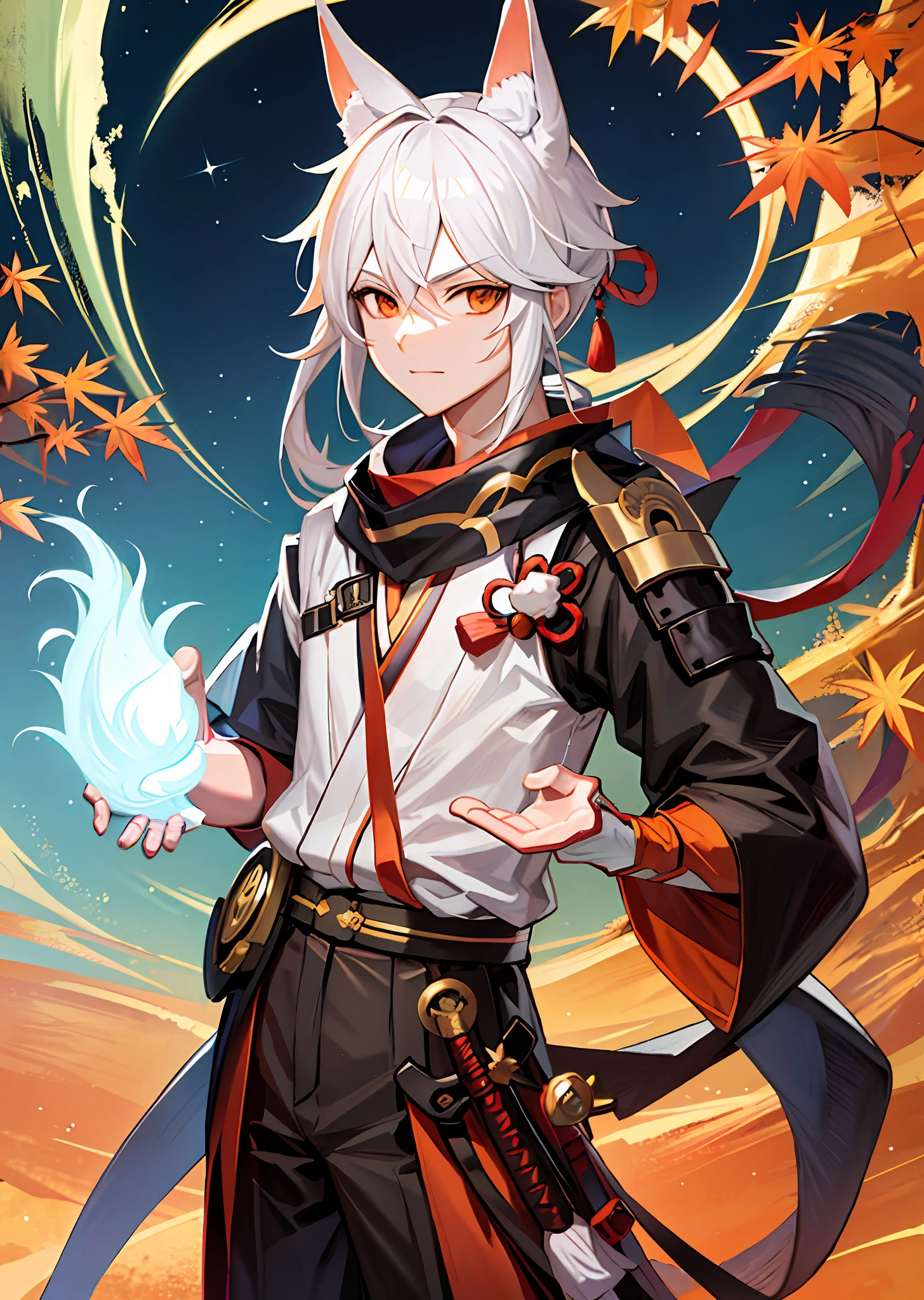 Male character with a katana on his belt, white-haired deity with an orange strand, fox ears, handsome guy,unbuttoned kimono, art, Japanese boy, young, night sky, maple park, lake, digital painting, dramatic lighting,
