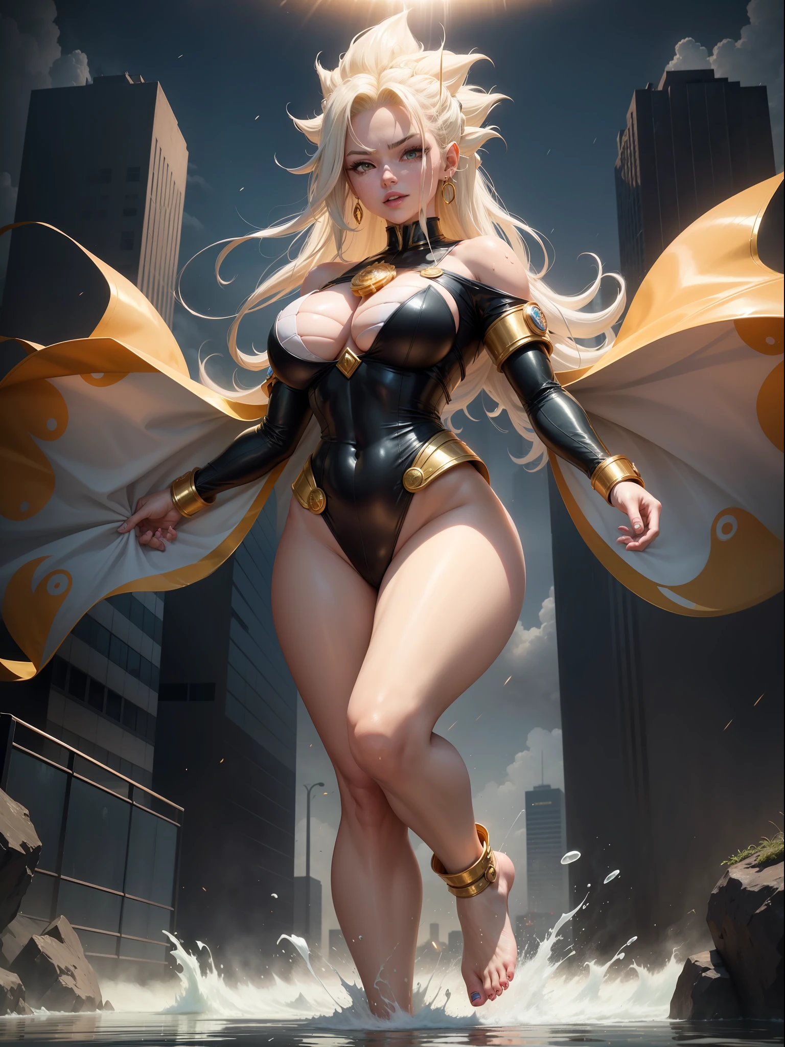 ((Full body photo, feet on the ground, straight body)), ((Laura/woman, big breasts, extremely beautiful)), {Super Saiyan Superior Instinct} wearing Goku 's costume/extremely tight on the body, emanating golden magic aura circling furiously around the body. Background, city completely destroyed at night raining hard. She has {silver eyes, white Super Saiyan hair} her hair, face and her outfit are soaked in water, She is staring at the viewer, smiling, fists clenched, concentrating magical aura, in a forward attack pose. Dragon Ball , high detail, anime, 16k, UHD, retina, retina, ccurate, anatomically correct, textured skin, super detail, high quality, award winning