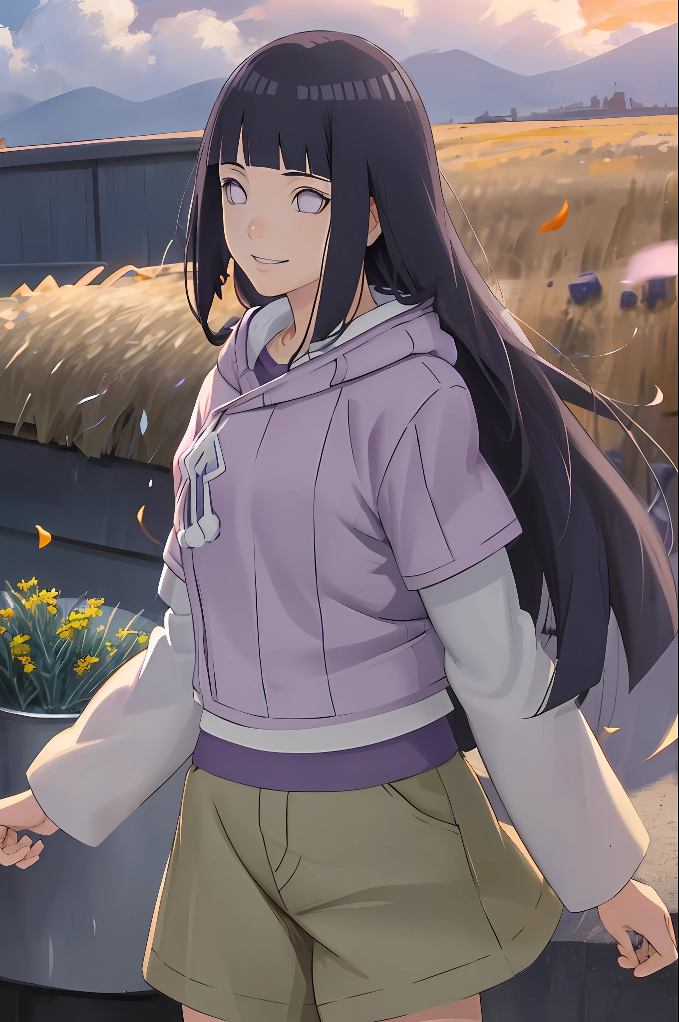 masterpiece, absurdres , (intricate details), (colorful),cinematic lighting,extremely detailed CG unity 8k wallpaper ,hinata\(boruto\), 1girl, solo, purple hoodie ,brown pants, from behind,layered sleeves, cowboy shot, looking at viewer,smile, outdoors, lavender flower field,flower, day, cloudy sky, wind, falling petals, ((very long hair))