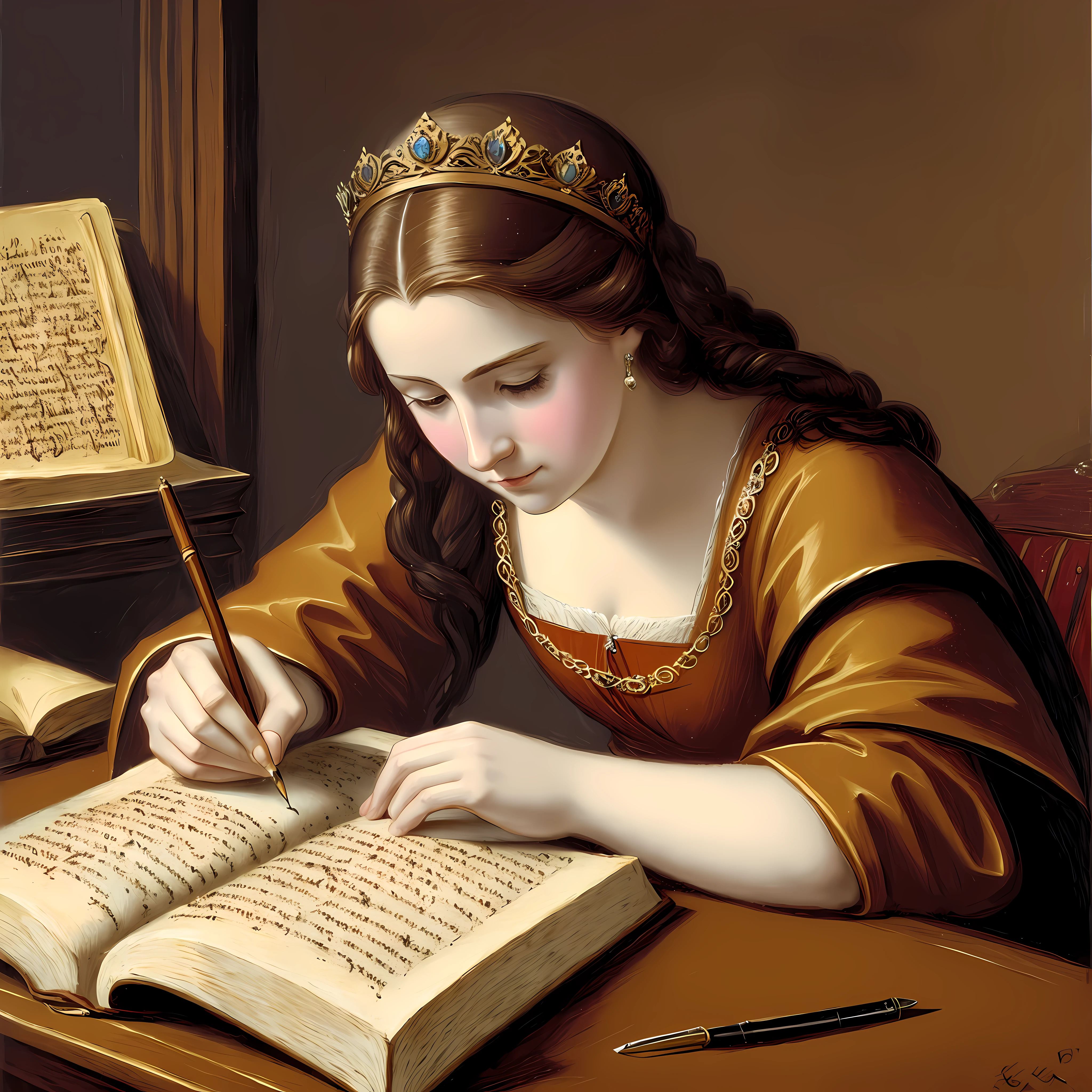 Medieval queen, young woman, writing something. medieval clothes, western cartoon, oil painting impression, brown hair, tiara, half-closed eye, expressionless, Renaissance, high quality --auto --s2