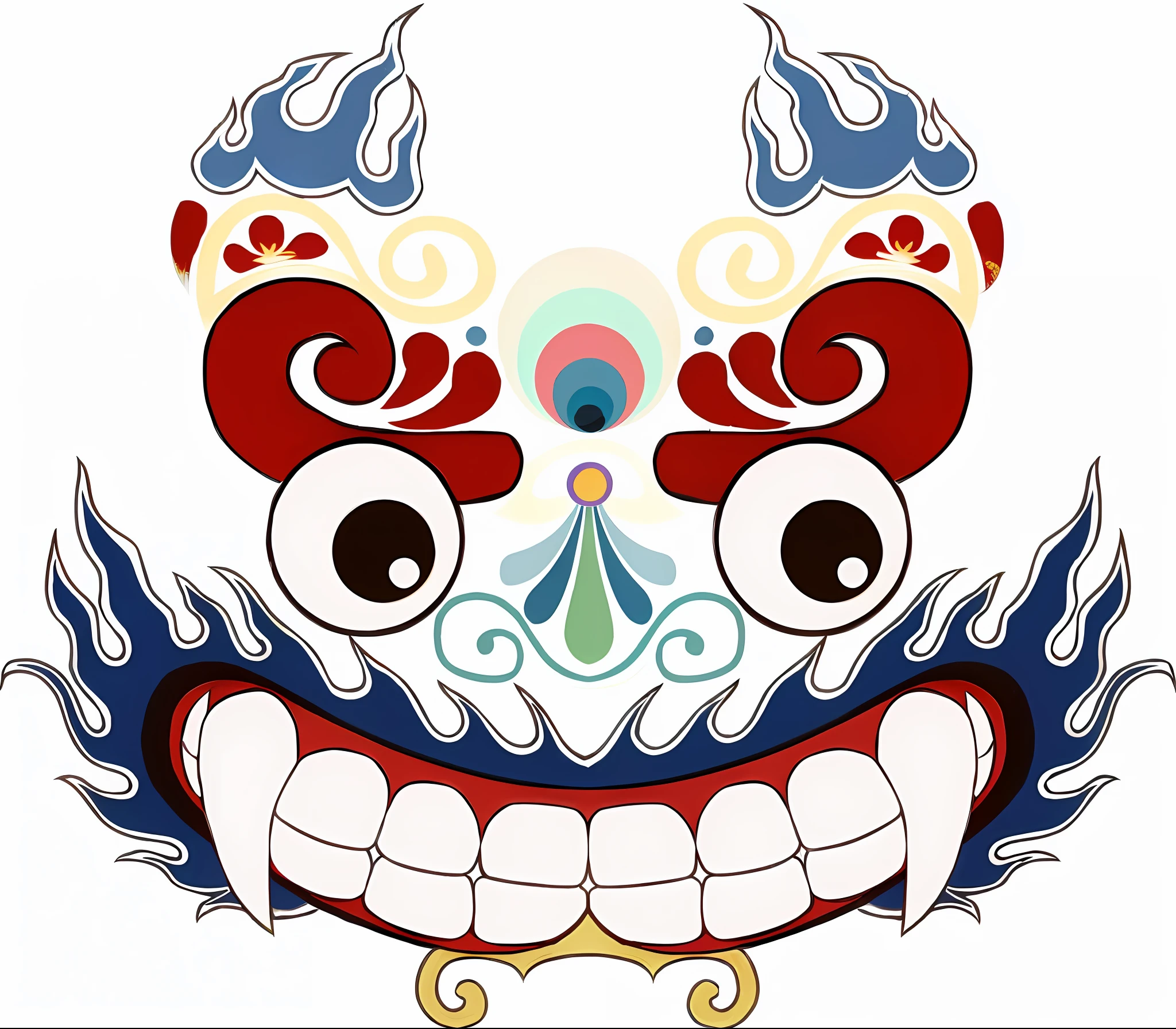 Close-up of cartoon face with teeth, psychedelic laughing demon, tengu mask, oni mask, Chinese ghost festival, demon samurai mask, barong family member, inspired by Murakami Karaku, oni, dragon face, Momoji Otsuki, Tokai, gorgeous mask, barong family