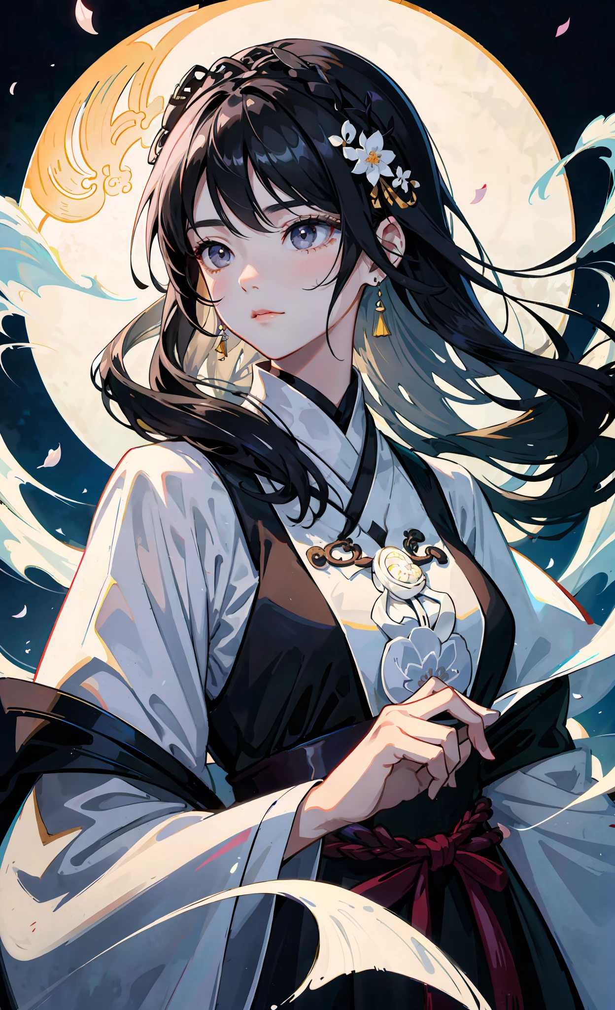 Official Art Illustration, Girl, Black Eyes, Black Hair Color, Floating Hair, Hairpin, Delicate Eyes, Intricate White Hanfu, Gorgeous Accessories, Intricate Filigree, Wearing Earrings, FOV, F/1.8, Masterpiece, Background with Ancient Chinese Style Architecture, Night, Petals Flying, Frontal Perspective, Chang'e, Side Light, Moonlight Shining on People, 8K, Hazy