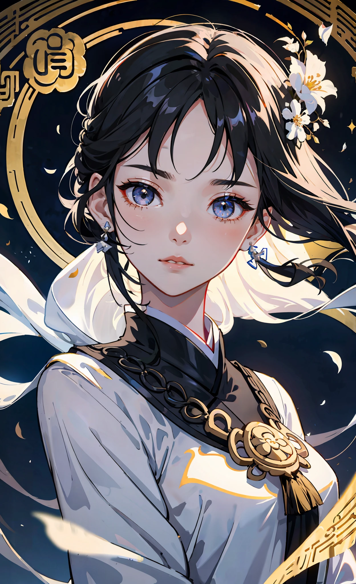 Official Art Illustration, Girl, Black Eyes, Black Hair Color, Floating Hair, Hairpin, Delicate Eyes, Intricate White Hanfu, Gorgeous Accessories, Intricate Filigree, Wearing Earrings, FOV, F/1.8, Masterpiece, Background with Ancient Chinese Style Architecture, Night, Petals Flying, Frontal Perspective, Chang'e, Side Light, Moonlight Shining on People, 8K, Hazy