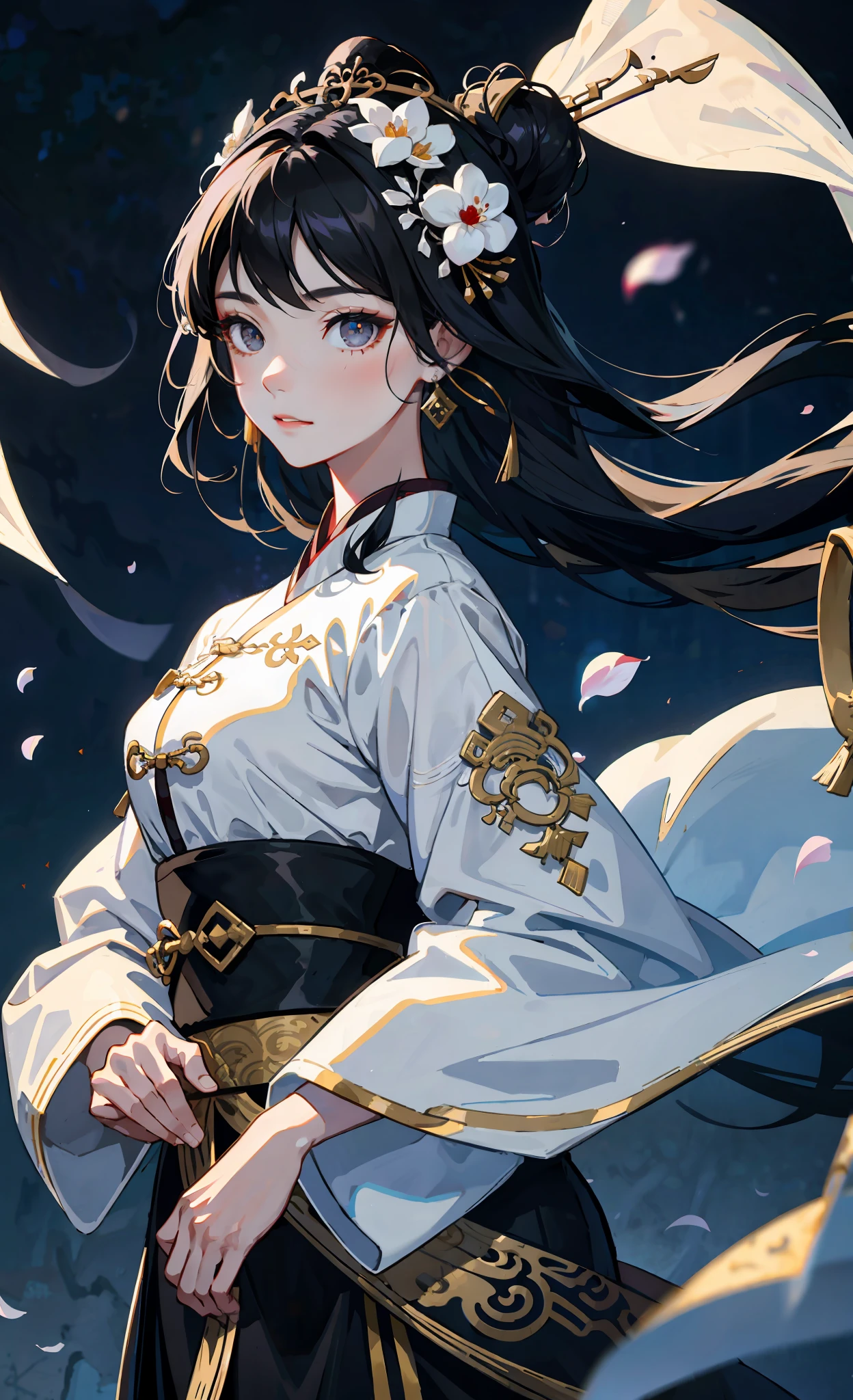 Official Art Illustration, Girl, Black Eyes, Black Hair Color, Floating Hair, Hairpin, Delicate Eyes, Intricate White Hanfu, Gorgeous Accessories, Intricate Filigree, Wearing Earrings, FOV, F/1.8, Masterpiece, Background with Ancient Chinese Style Architecture, Night, Petals Flying, Frontal Perspective, Chang'e, Side Light, Moonlight Shining on People, 8K, Hazy