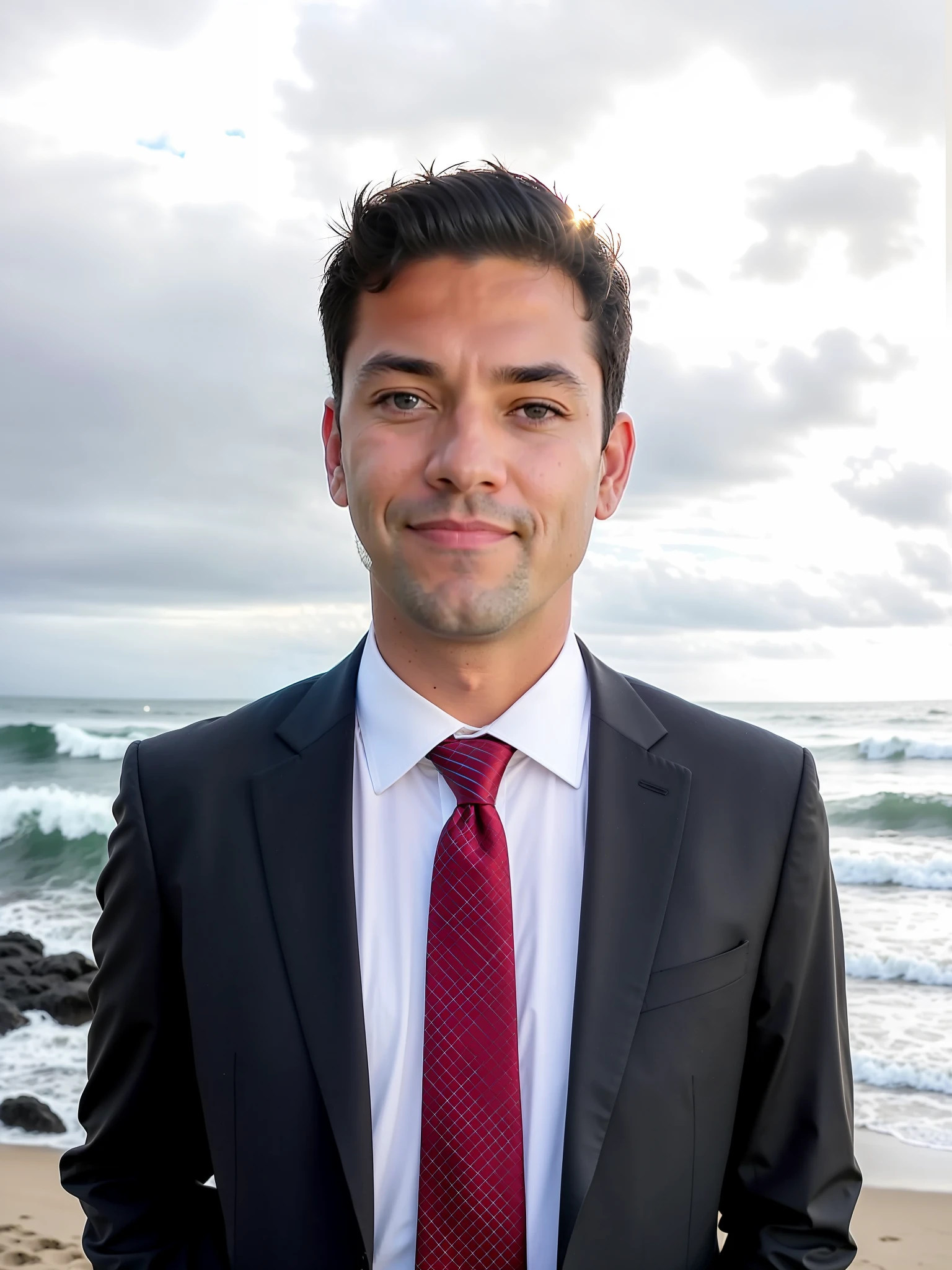 arafed man in a suit and standing on the beach, portrait of a man in a suit, near the beach, sun set, handsome man, sun behind him, looking towards the camera. arafed man standing on the beach with his hands in his pockets, , handsome the sea and storms behind him, profile shot, fan art. Middle smile. [Right side haircut]. black and white photo of 42 year old man in black clothes, black hair, face, half body, body, highly detailed skin, skin pores, coastline, cloudy weather, wind, waves, 8k uhd, Dslr, soft lighting, high quality, film grain, Fujifilm XT3