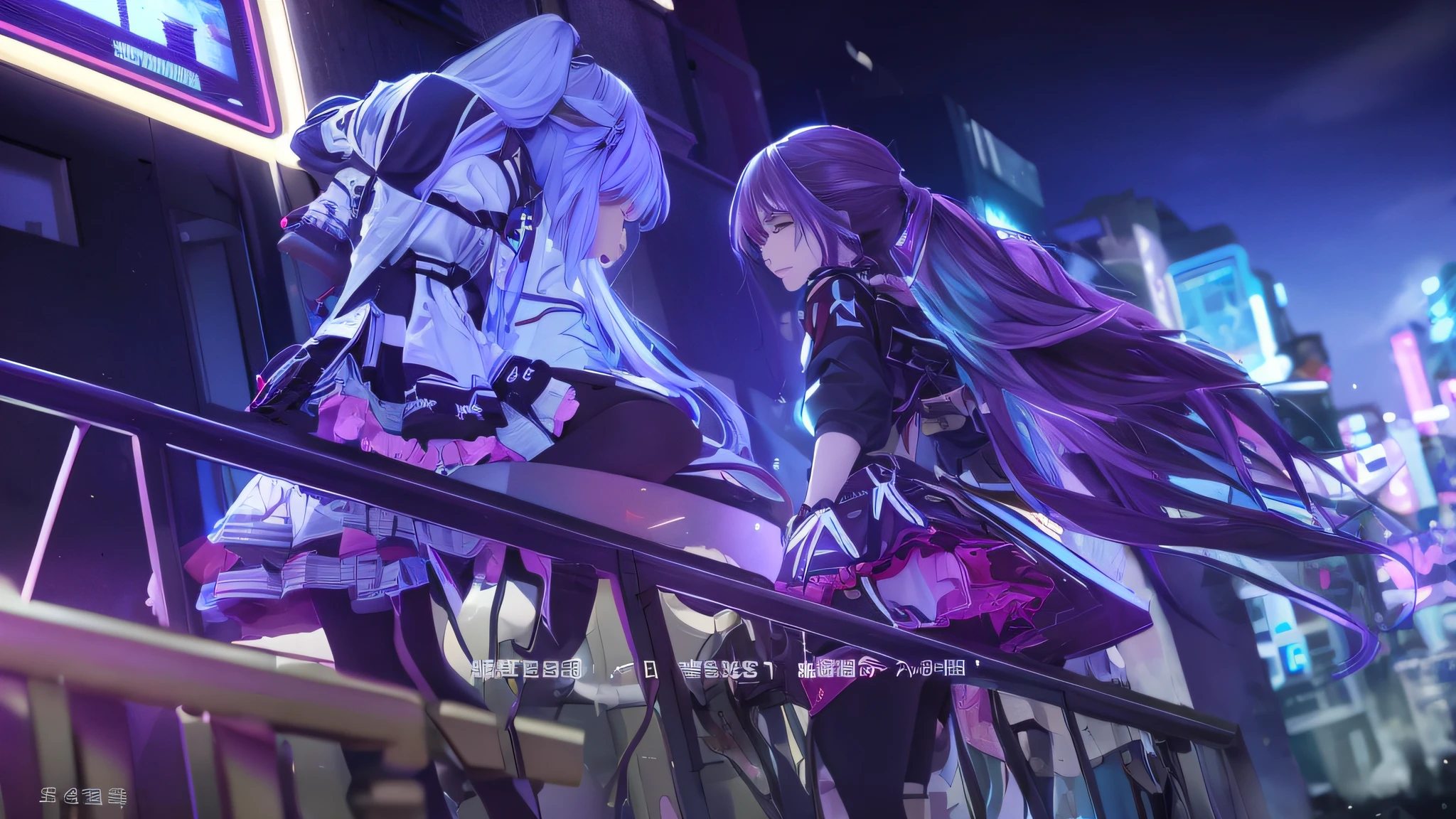 anime characters standing on a balcony with a neon background, from the azur lane videogame, girls frontline universe, girls frontline cg, from girls frontline, girls frontline, cutscene footage, visual novel cg, azur lane style, girls frontline style, fine details. girls frontline, cutscene, characters from azur lane, macross delta, video game screenshot> --auto --s2