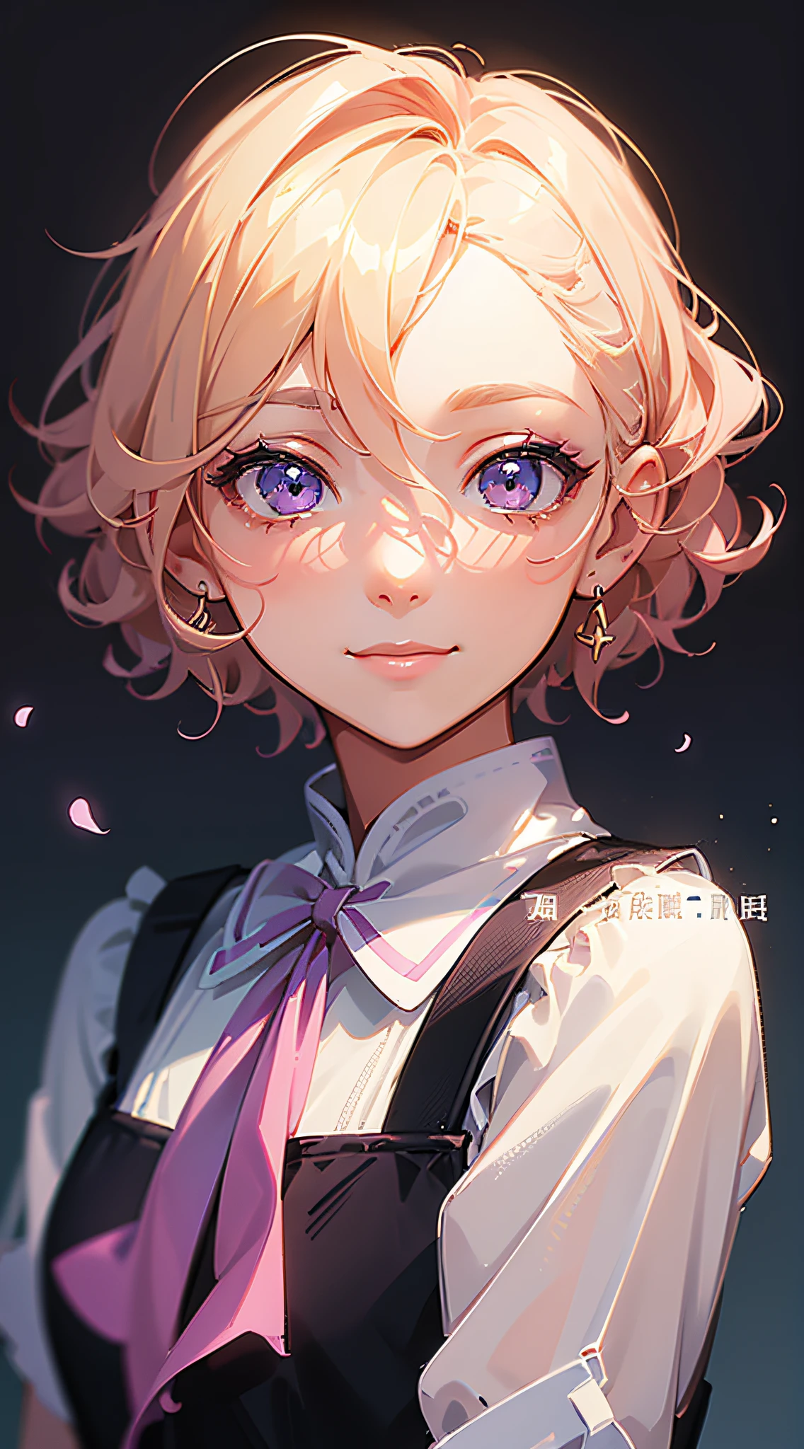 (gentle painting style + sweet style), (WeChat avatar), (short white hair: 1.3 + short pink hair + blonde curly hair), (closed smile: 1.2 + light head + backlight), soft light and shadow effect, purple bow, makeup, a small amount of text description.