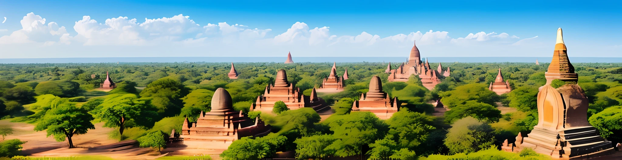 ancient city of bagan,evening time, surroud by forest, animals, birds are flying, super relastics, masterpiece, best quality,