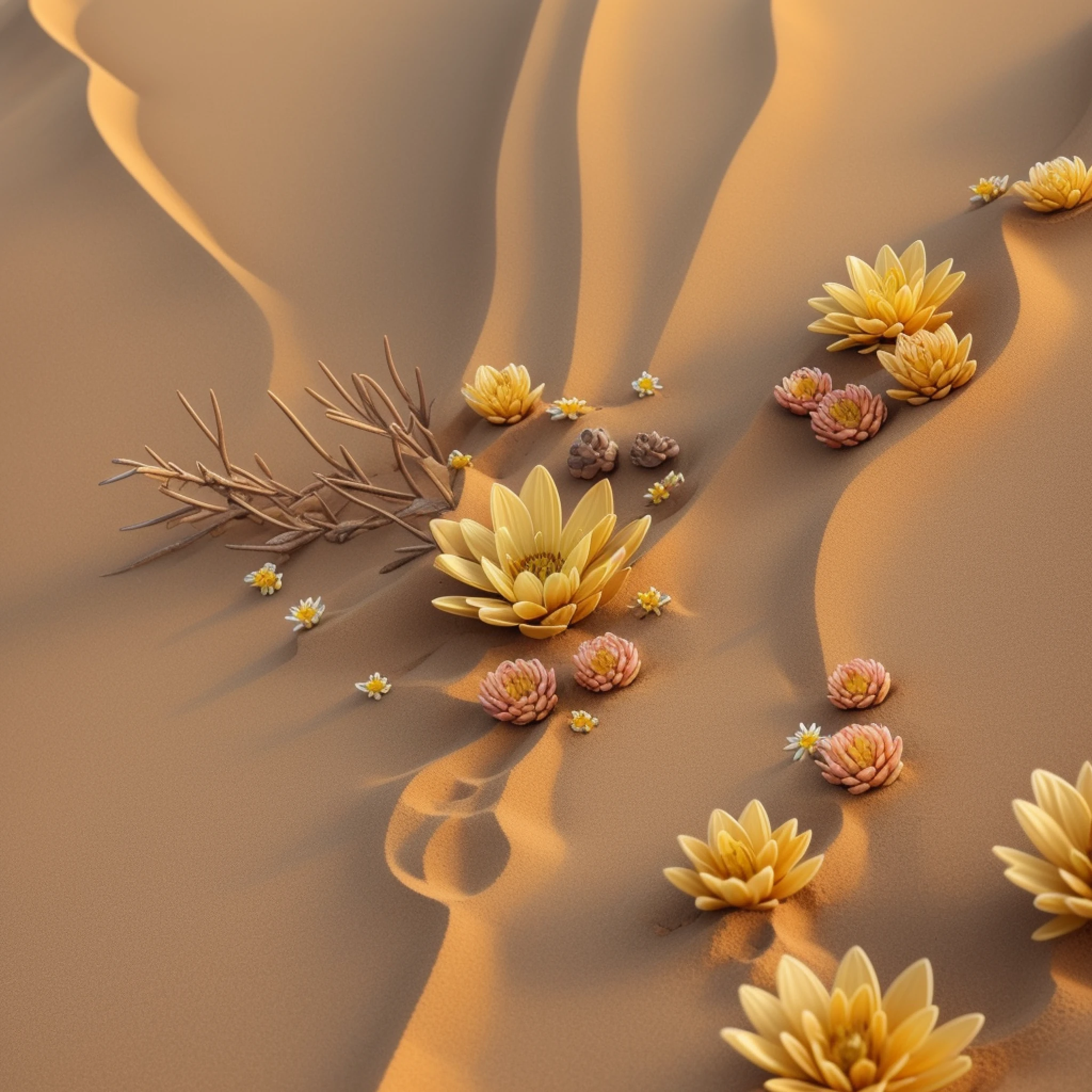 desert with rare flowers emerging from the sands like precious little jewels --auto --s2