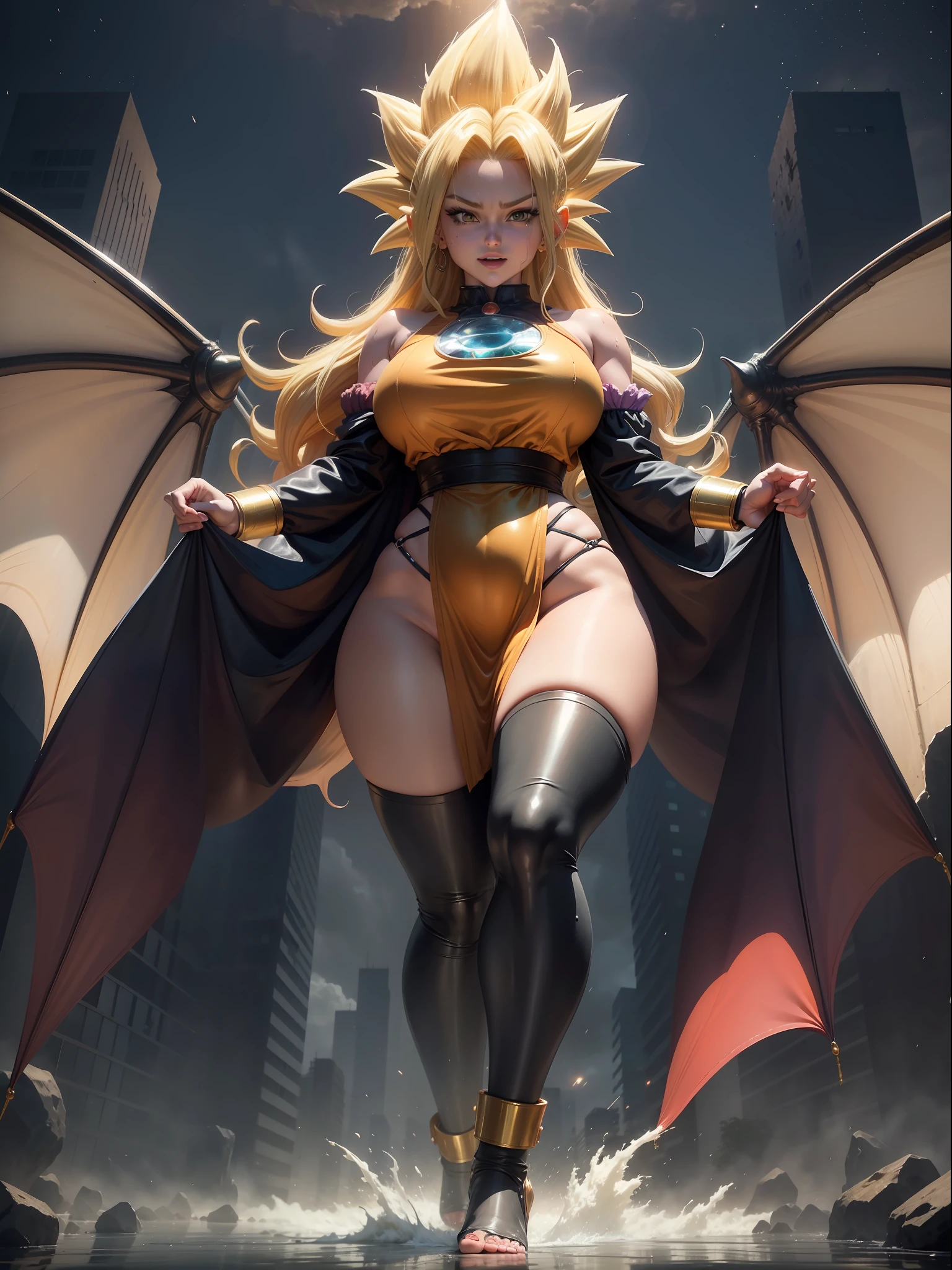 ((Full body photo, feet on the ground, straight body)), ((Laura/woman, big breasts, extremely beautiful)), ((Super Saiyan Higher Instinct)) {transformed into Super Saiyan wearing Goku child's costume/extremely tight on body, emanating golden magic aura circling furiously around the body. Background, completely destroyed city at night raining hard. She has {silver eyes, white Super Saiyan hair} her hair, face and her outfit are soaked in water, She is staring at the viewer, smiling, fists clenched, concentrating magical aura, in a forward attack pose. ((Anime Dragon Ball)), high detail, anime, 16k, UHD, retina, retina, ccurate, anatomically correct, textured skin, super detail, high quality, award winning