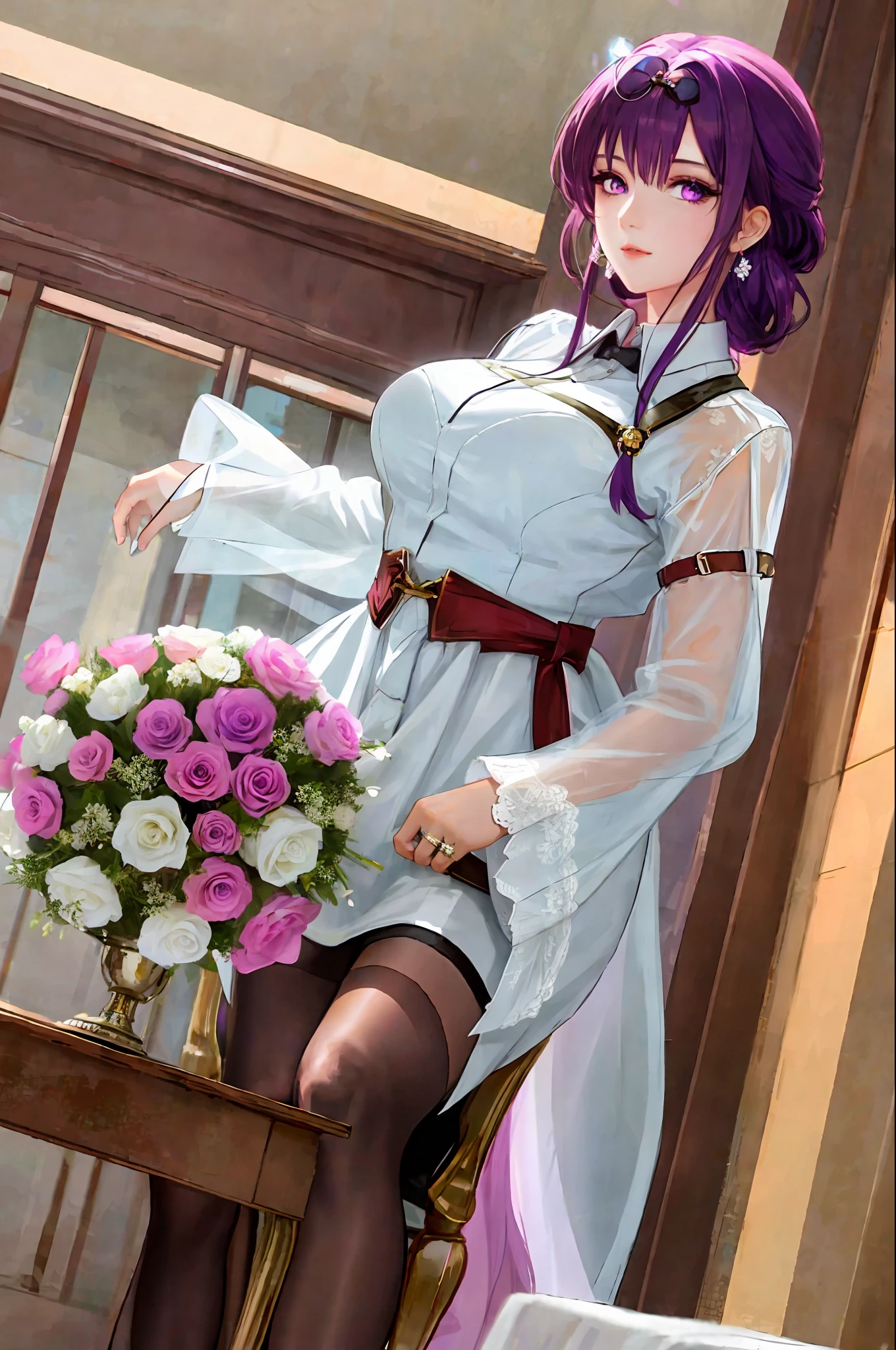 masterpiece, best quality,  1girl, kfk,purple eyes, purple hair, Wedding dress, see-through, earrings, large breasts, silk, soft, long hair, flower marriage, lens flare, looking at viewer,