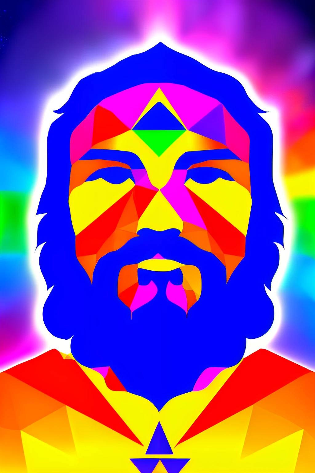 a close up of a person with a beard and a heart, discord profile picture, geometry and astrology, emblem of wisdom, god of time and space, unknown zodiac sign, lumnoius colorful, holy geometry, 🚀🚀🚀, metatron, profile photo, mystical cosmic messenger, triadic, avatar image, rainbow geometric face, sacred geometry