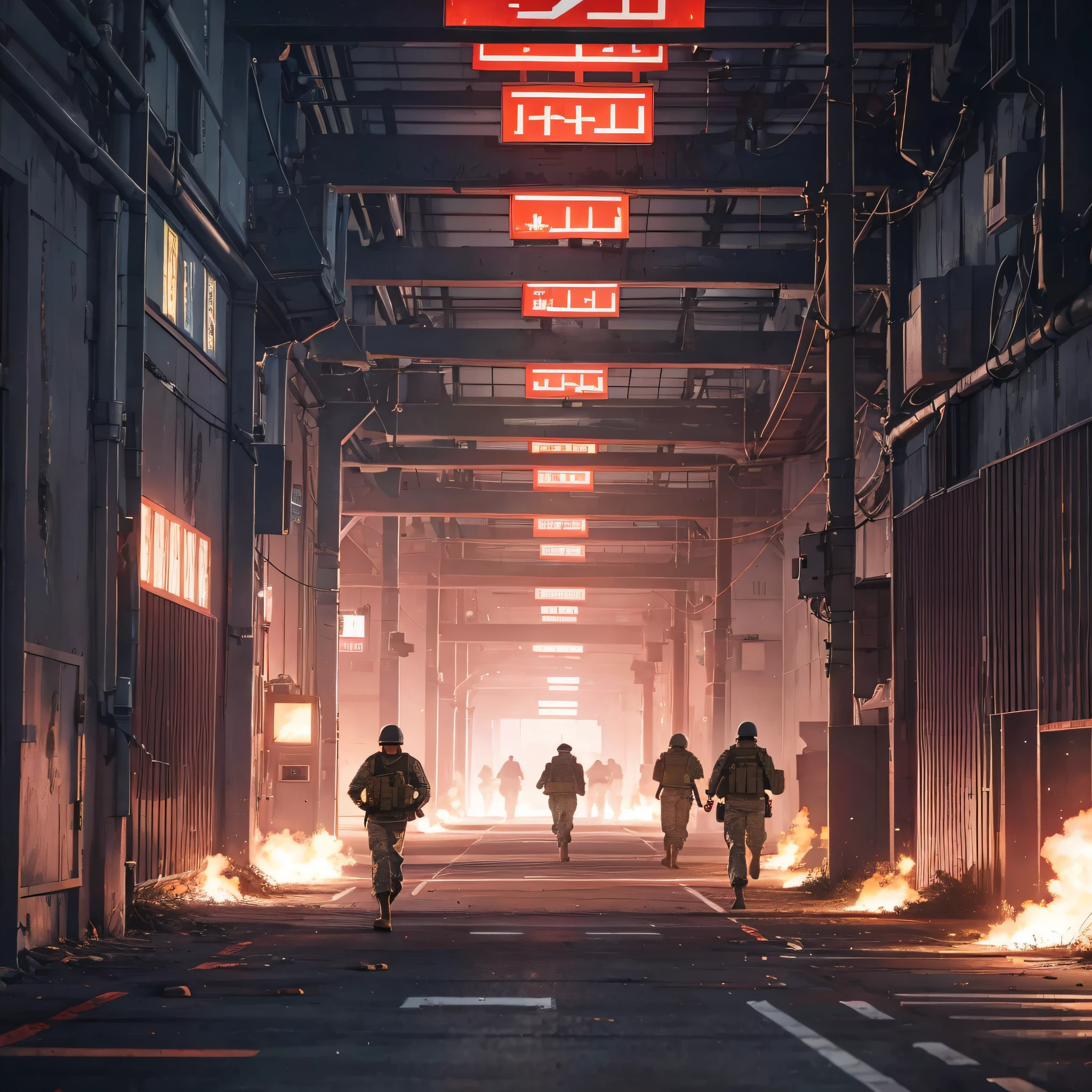 Inside the large military base, several soldiers came running, their mouths were open, they looked very surprised and nervous, red light, screens, alarms,