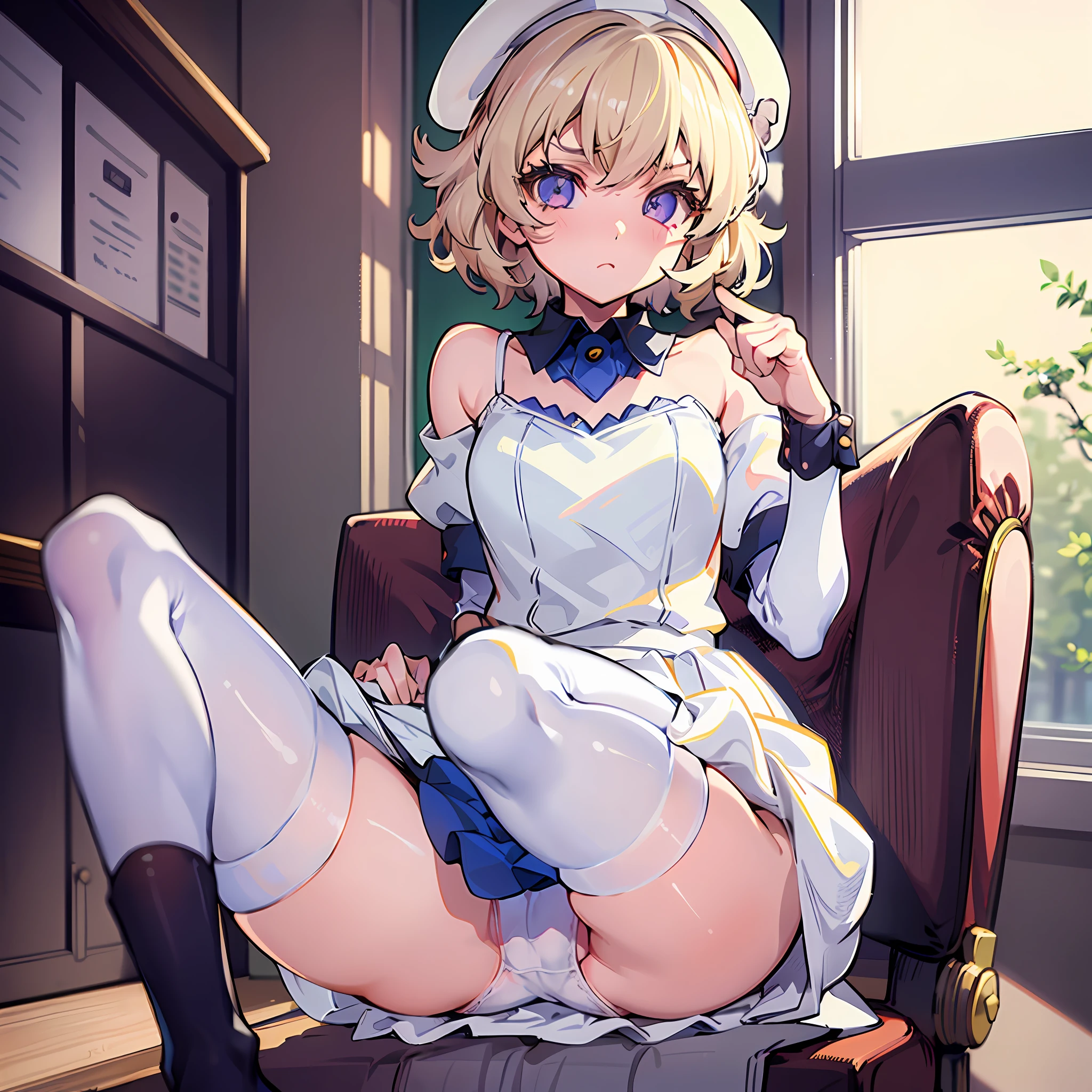 A girl sitting on a desk, school, classroom, spread legs, white panties, pervert, ultra detailed, (beret:1.8), (iwanagadress:1.2), (iwanagakotoko:0.9), iwanaga kotoko, beautiful body, beautiful face, good anatomy, white stockings, white panties, blonde hair, short hair, embarassed look, blushing