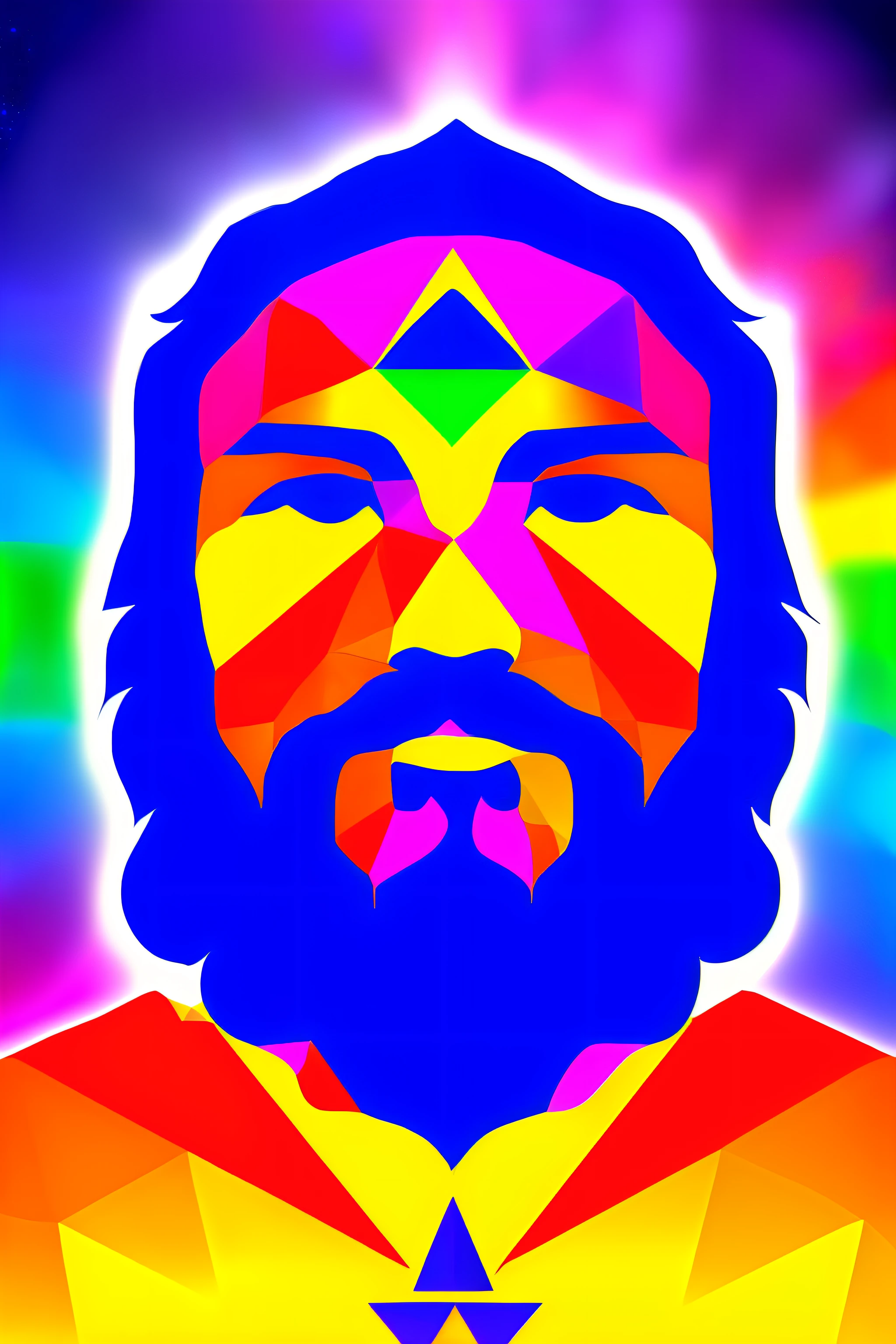 a close up of a person with a beard and a heart, discord profile picture, geometry and astrology, emblem of wisdom, god of time and space, unknown zodiac sign, lumnoius colorful, holy geometry, 🚀🚀🚀, metatron, profile photo, mystical cosmic messenger, triadic, avatar image, rainbow geometric face, sacred geometry