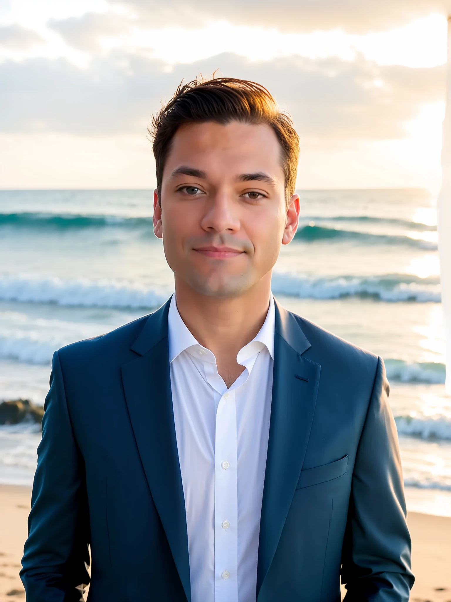 arafed man in a suit and tie standing on the beach,