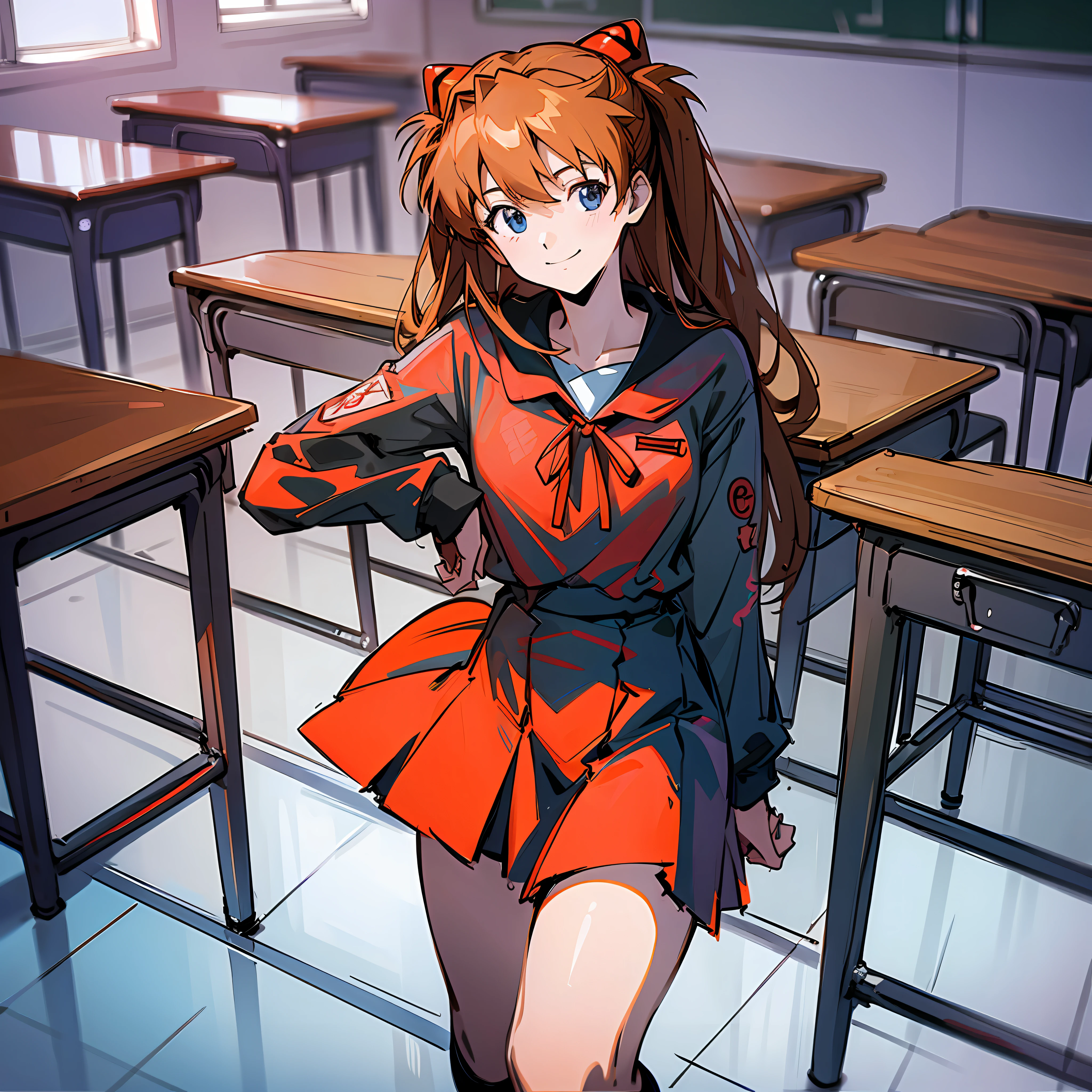 1 girl, Asuka, Evangelion, 8K, best quality, school uniform, classroom, smile