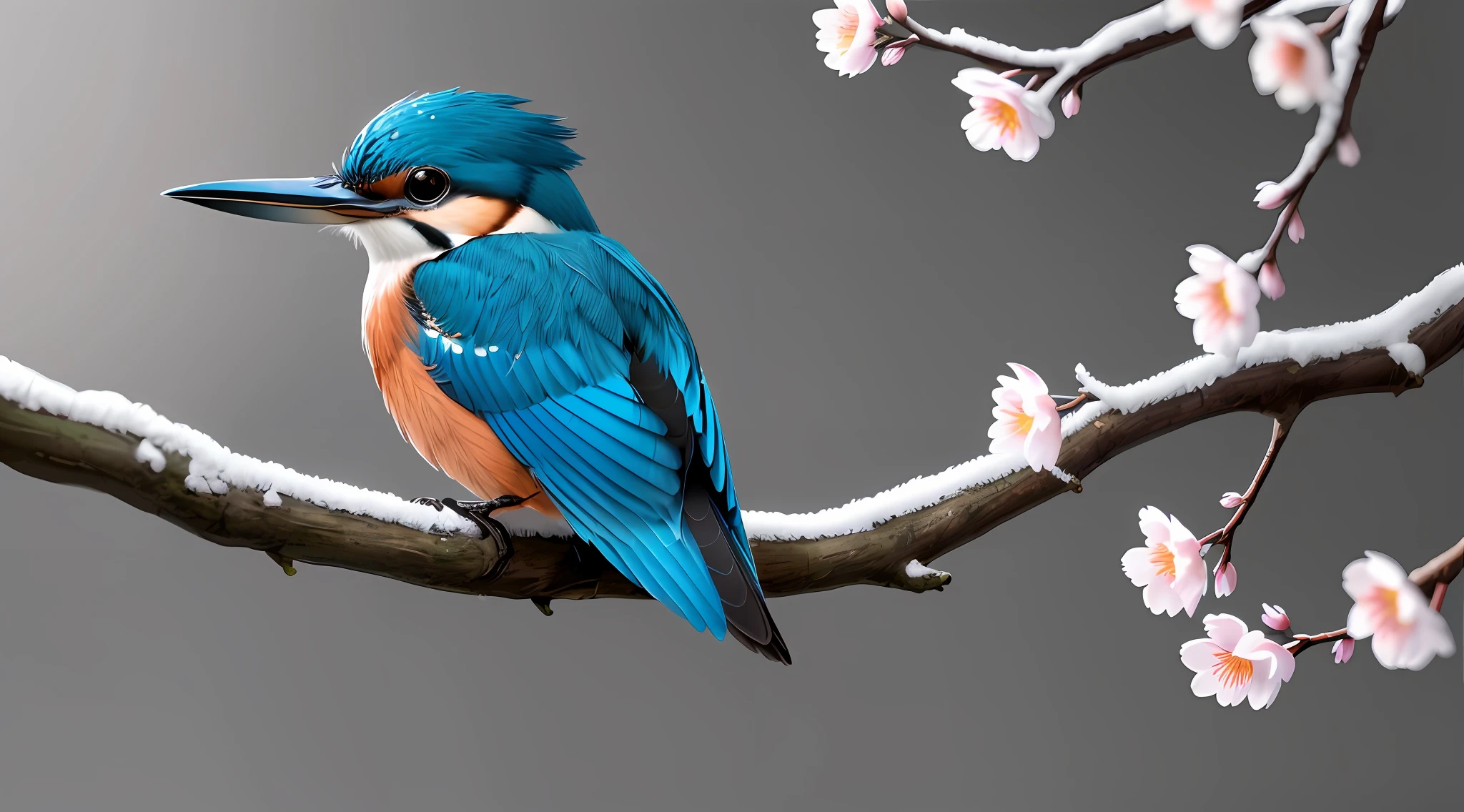 Superb Kingfisher Near White Cherry Blossoms on Branches, Dark, Dawn, (Cold Morning: 1.1), (Morning Dew: 1.15), Realistic Photography, (Low Photo: 1.2), Detail, 8K, Intricate Folded Feathers, Water Droplets on Feathers, (to8contrast style), (MIST: 0.7), Bright Colors, Sony a6600 Mirrorless Camera, embellish2 --v 6
