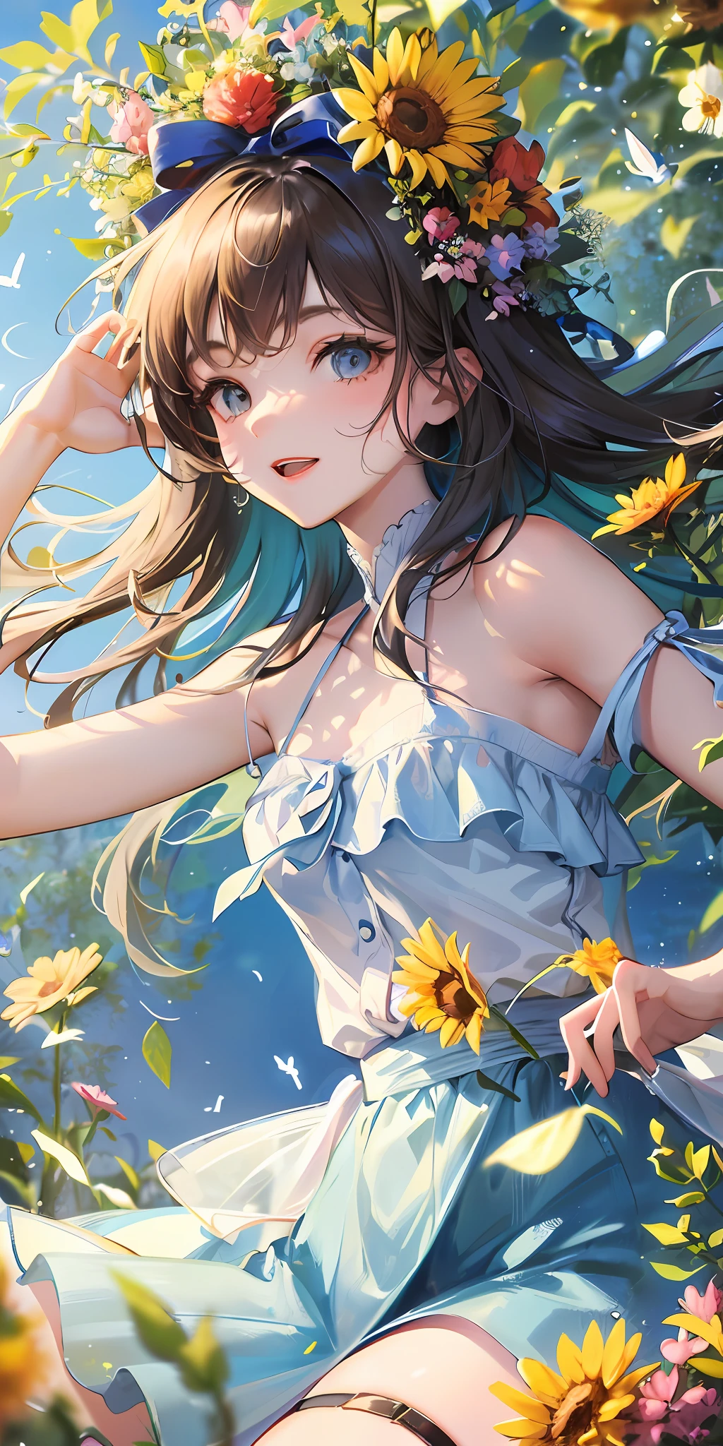 High Detail, Ultra Detail, Ultra High Resolution A cute and innocent girl is enjoying her time in an open field, surrounded by the beauty of nature, with the warm sun shining on her and wild flowers swaying gently in the breeze. Butterflies and birds flutter around her, adding to the playful atmosphere, --v6