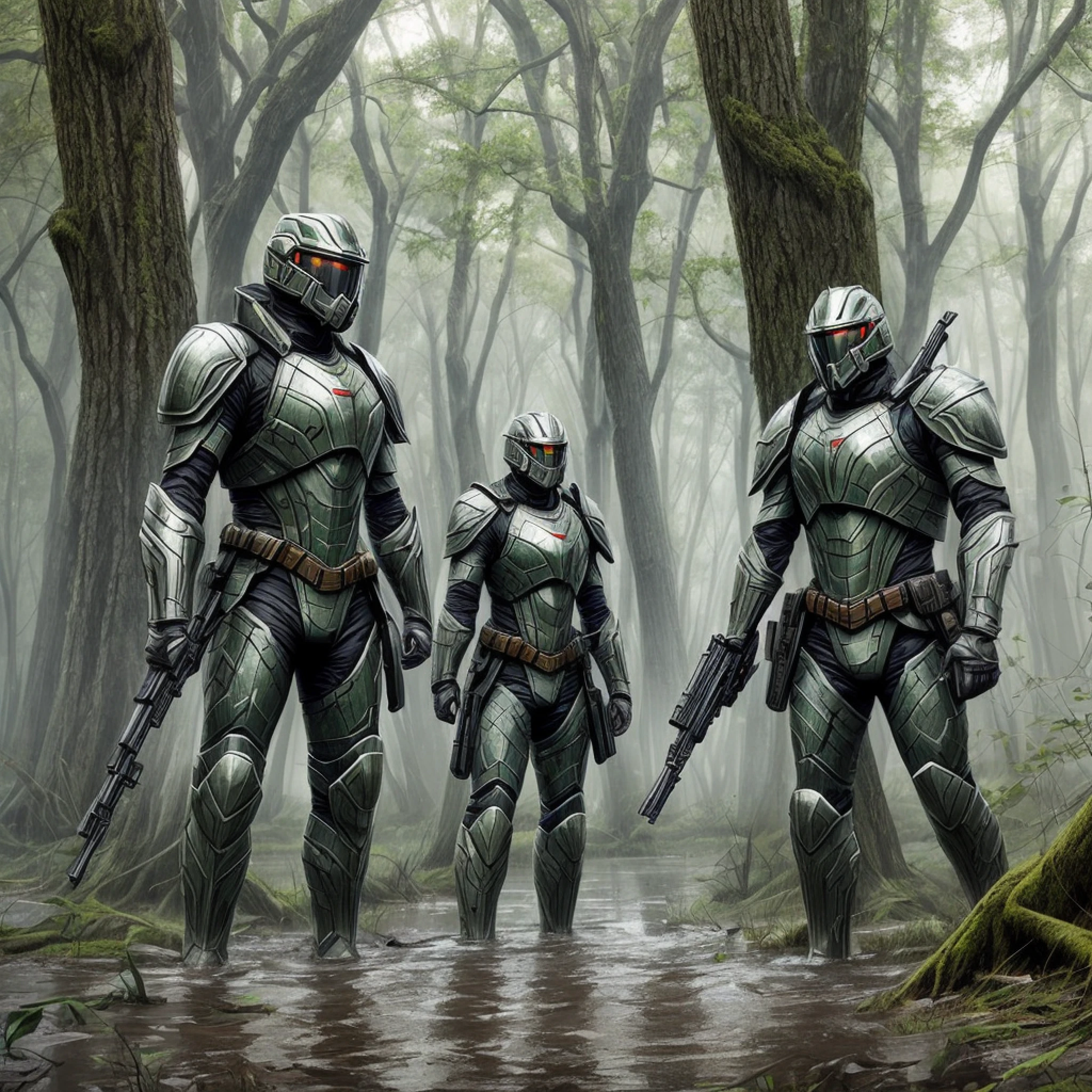 a group of soldiers, in futuristic, realistic armor, in a swamp with twisted trees, fog --auto --s2
