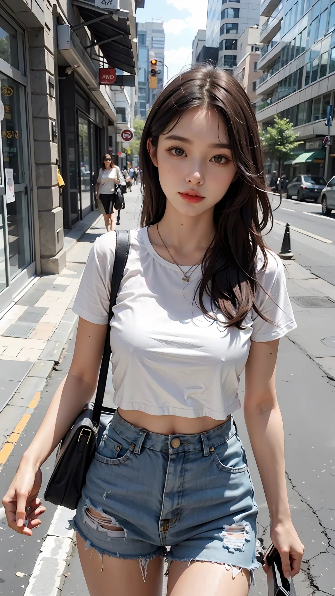 Beautiful woman, fiddling with cell phone in the middle of the street, short clothes