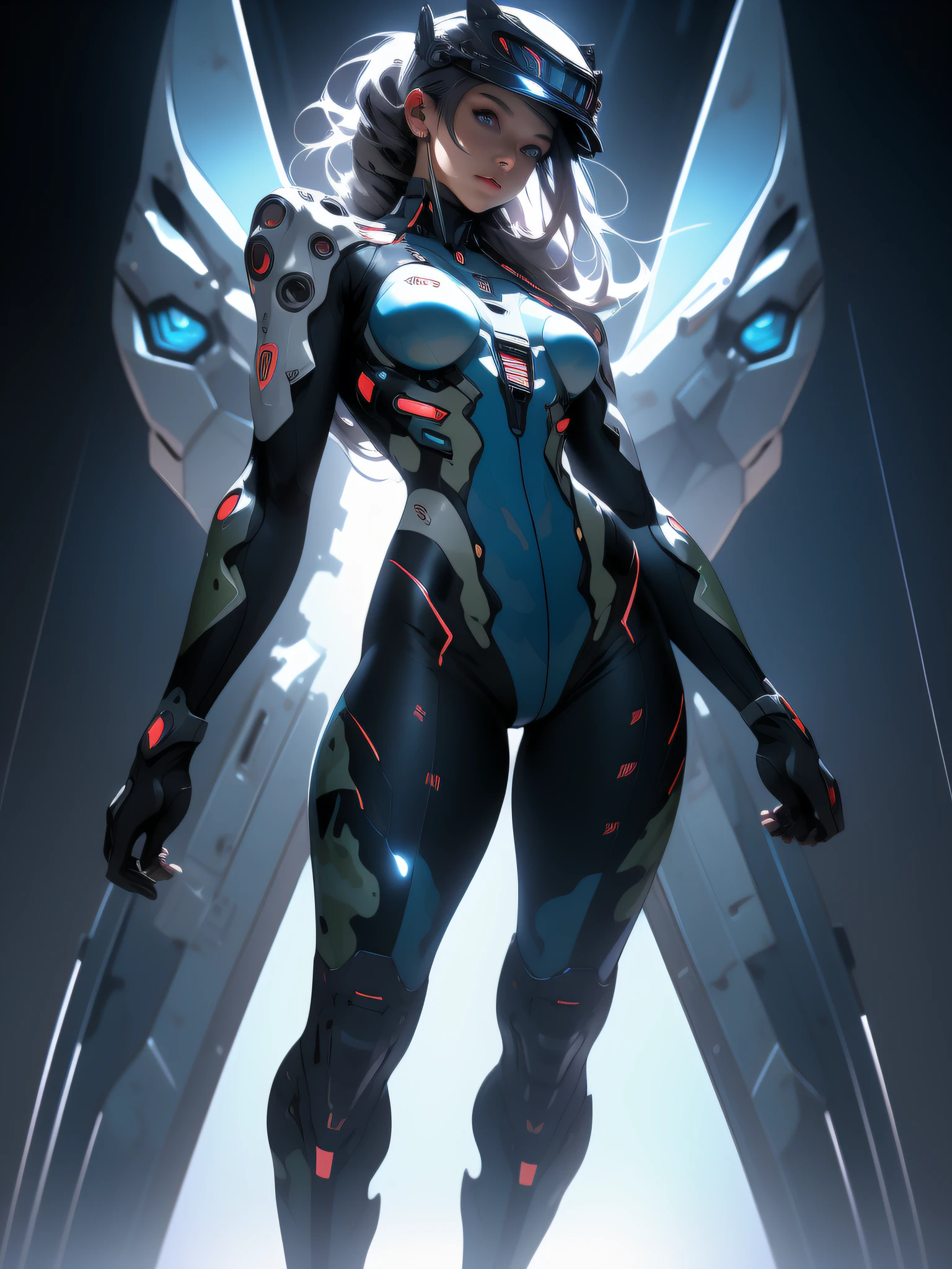 ((Best quality)), ((masterpiece)), (detailed: 1.4), (Absurd), War-ready female fighter pilot with military helmet, full body, marine, dark skin, defined muscular sculptural body, whole body, bare half-thick thighs, closed mouth, muscular body covered in technological clothing, neon evangelion, semi nude, generous neckline, ((perfect medium breasts)), (super light blue eyes without pupils),  ((military camouflage clothing)), (((short black)))), long eyelashes heavy makeup, garter belt, by mucha, niji --V5, close to real, psychopathic, crazy face, sexy pose, background with a giant neon style Robot head Genesis evangelion, 2 piece clothing, shoulder pads with airplane wings, pastel, centered, scale to fit the dimensions, HDR (High Dynamic Range),Ray Tracing, NVIDIA RTX,Super-Resolution,Unreal 5,Subsurface Dispersion, PBR Texture, Post-processing, Anisotropic filtering, Depth of field, Maximum clarity and sharpness, Multilayer textures, Albedo and specular maps, Surface shading, Accurate simulation of light-material interaction, Perfect proportions, Octane Render, Two-tone lighting, Wide aperture, Low ISO, White balance, Rule of thirds, 8K RAW, crysisnanosuit