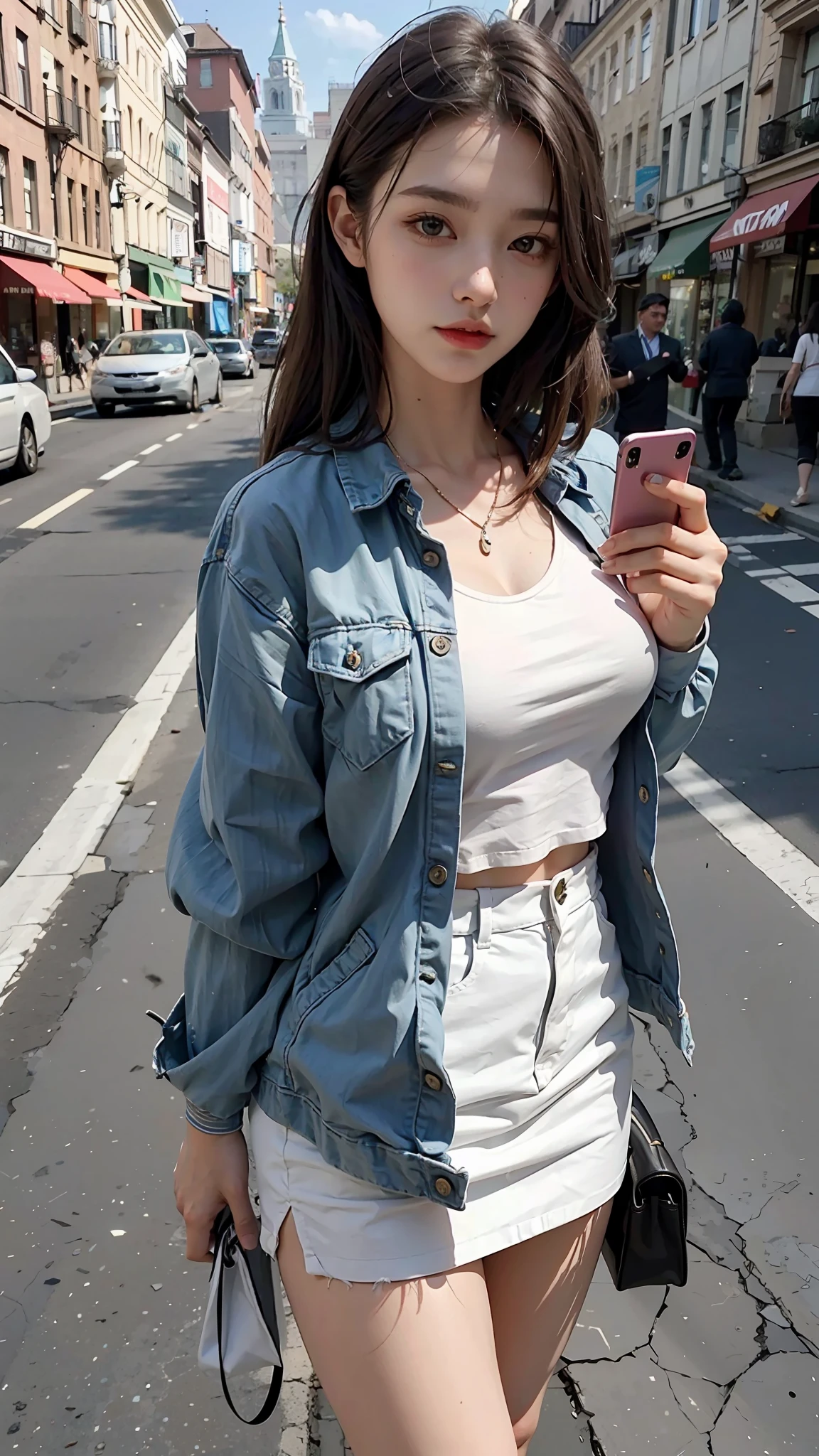Beautiful woman, fiddling with cell phone in the middle of the street, short clothes
