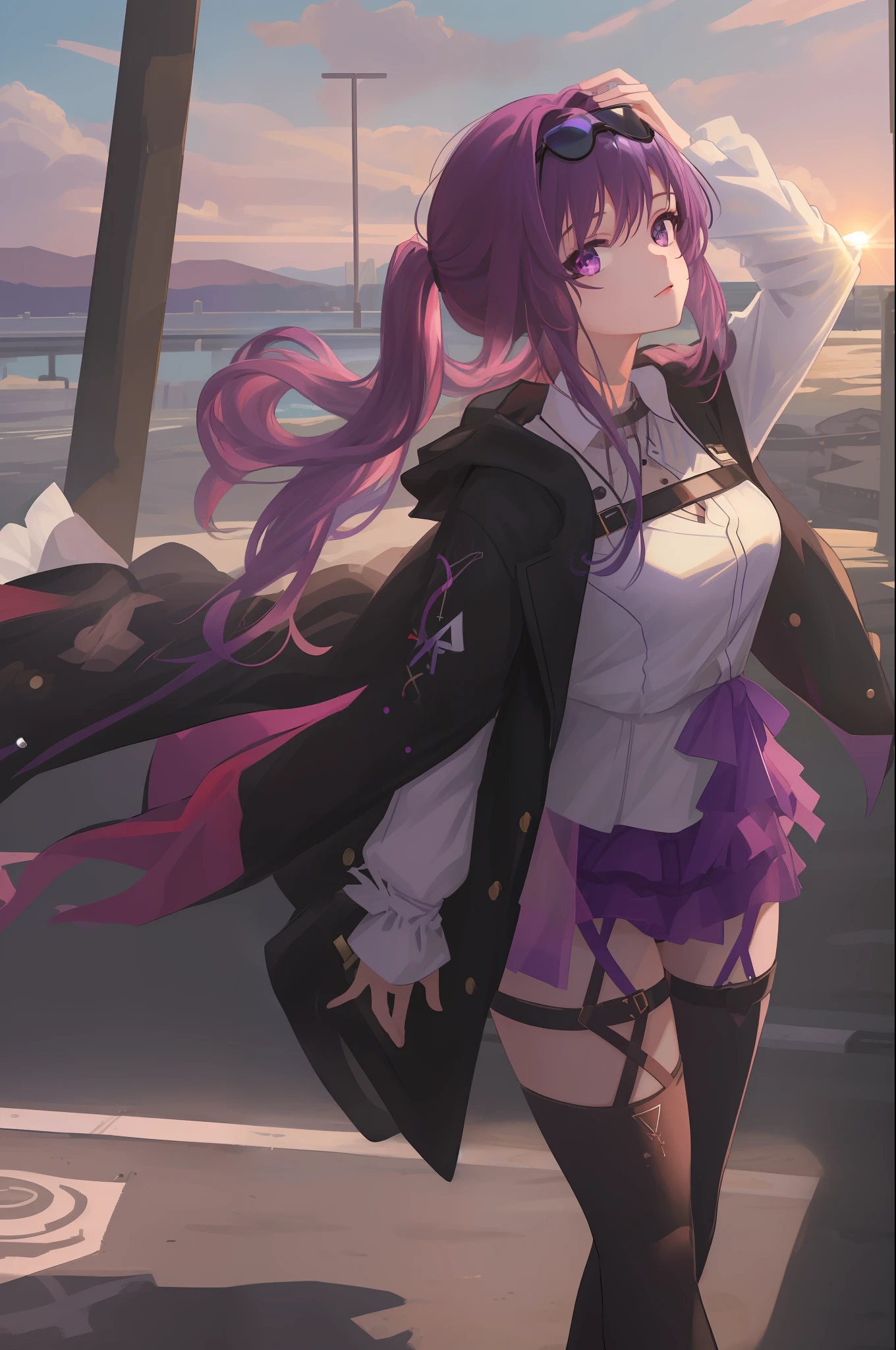 masterpiece, best quality, 1girl, kfk, purple eyes, purple hair, swimsuit, see-through,bikini, large breasts, long hair, , lens flare, looking at viewer, shadow,sun, cloud,outdoors,absurdres, official art, extremely detailed cg unity 8k wallpaper