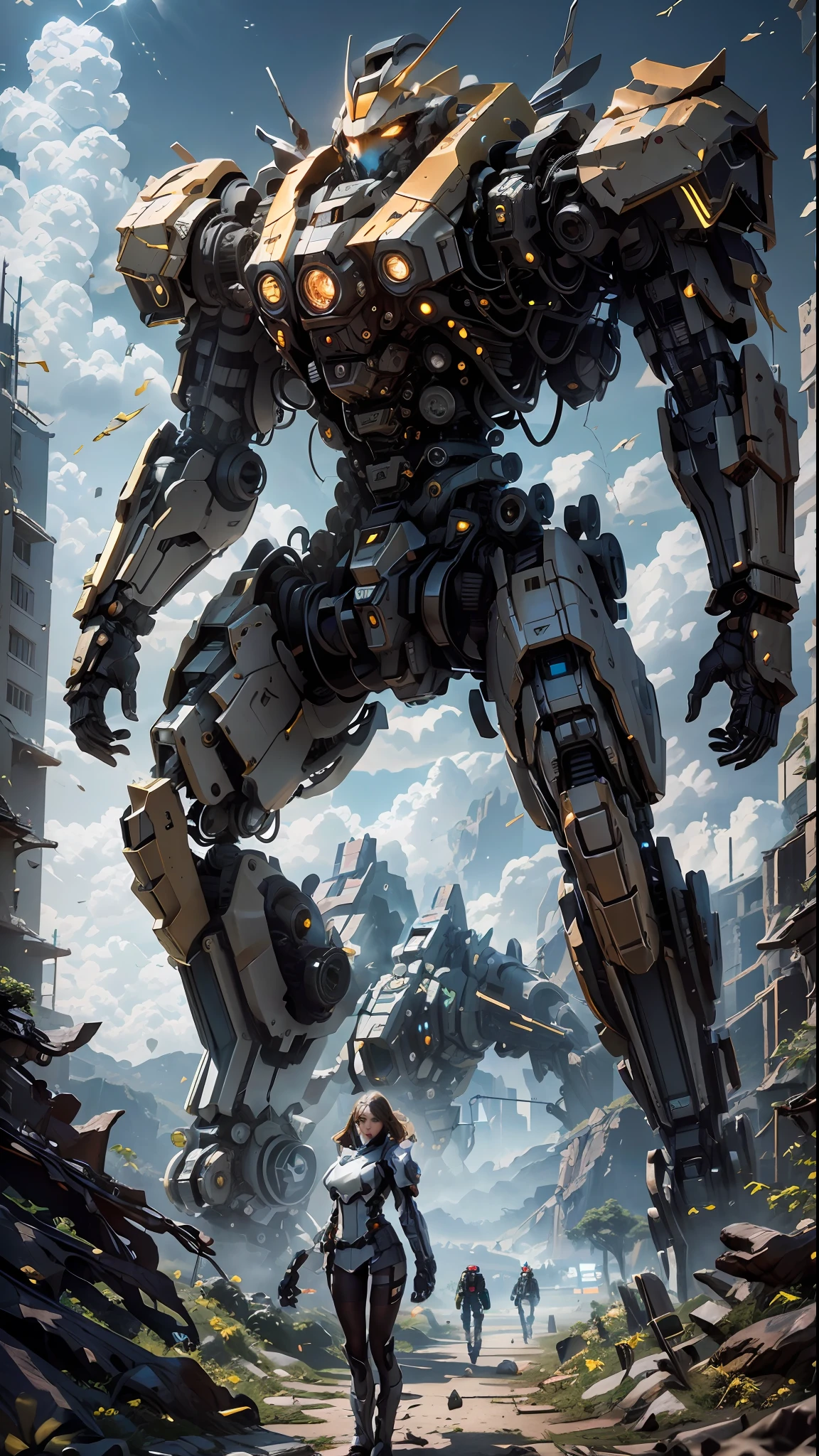 ((Best Quality)), ((Masterpiece)), (Very Detailed:1.3), 3D, Shitu-mecha, Beautiful Cyberpunk Mecha in the Forgotten War City Ruins, Ancient Technology, HDR (High Dynamic Range), Ray Tracing, NVIDIA RTX, Super Resolution, Unreal 5, Subsurface Scattering, PBR Texture, Post-processing, Anisotropic Filtering, Depth of Field, Maximum Sharpness and Acutance, Multilayer Texture, Albedo and Highlight Maps, Surface Shading, Accurate simulation of light-material interactions, perfect proportions, octane rendering, duotone lighting, low ISO, white balance, rule of thirds, wide aperture, 8K RAW, efficient sub-pixels, subpixel convolution, luminescent particles, light scattering, Tyndall effect
