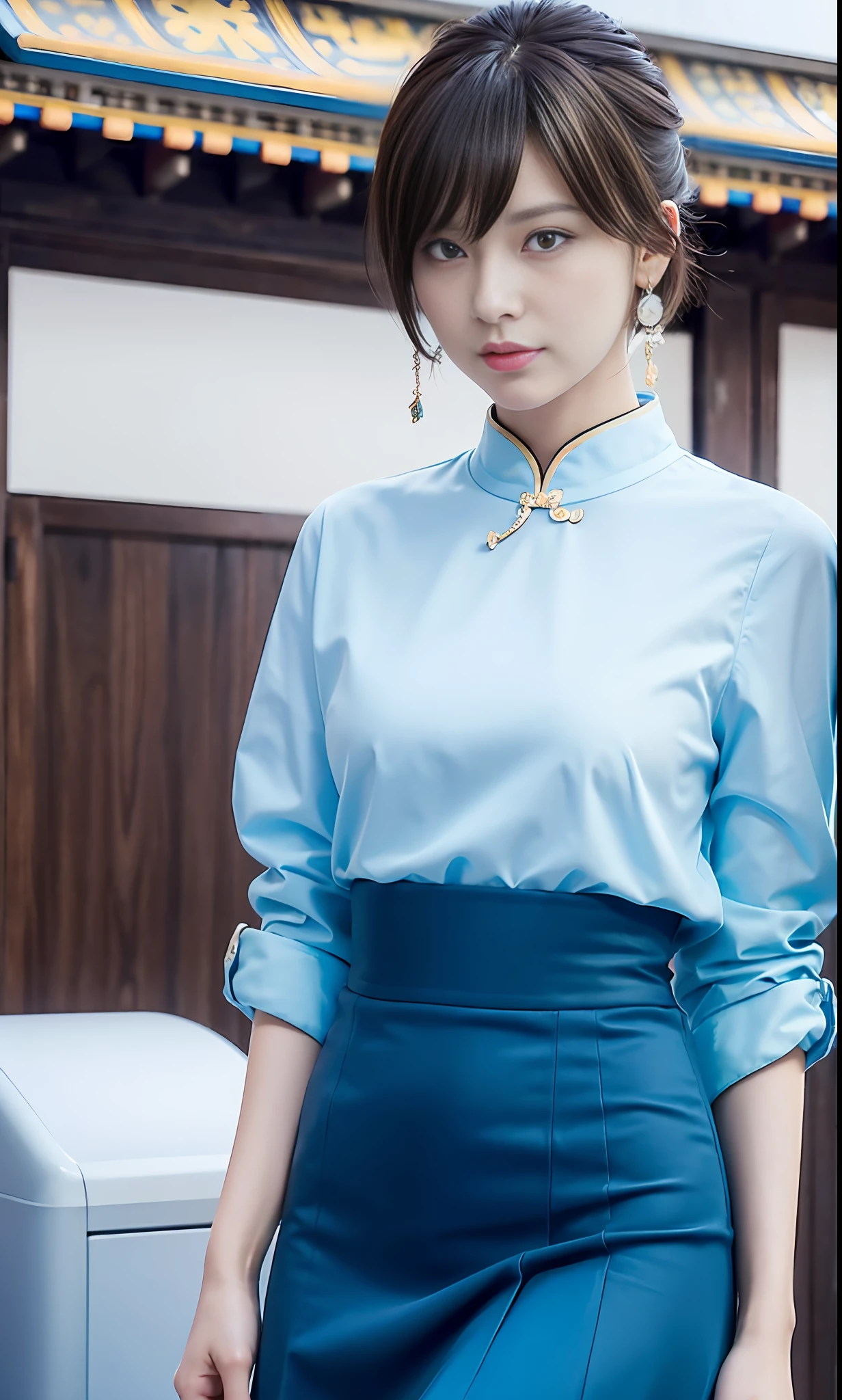 (Pure and cute beauty image: 1.5, 20-year-old beauty, short black hair, blue pupils, with earrings, side face to the camera, wearing a long skirt, (Chinese beauty 1.2), 3D rendering, movie lighting, movie special effects), clear HD, 8K resolution, very detailed, digital painting, concept art, Shinkai Makoto style, pop popularization trend, pop trend.