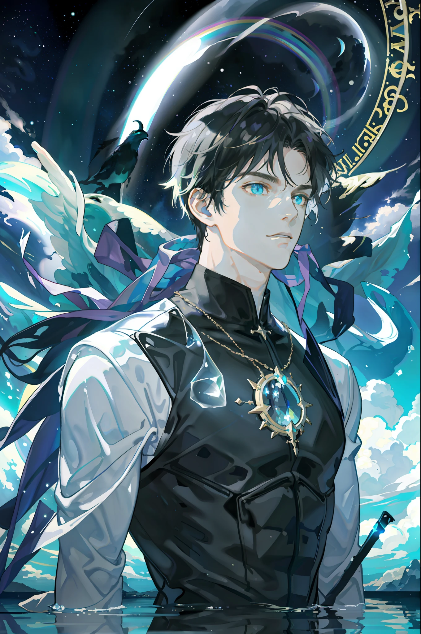 masterpiece, best quality, 1 male, adult, mature, tall muscular guy, Dark theme, Magic circle, bubble, rainbow Sunlight, Underwater, Reflected mirror, floating piece of Glass, Rainbow light, Bubble Swirling, wind Swirling, Aurora, fantasy scenery, Starlight around the character, (upper body)