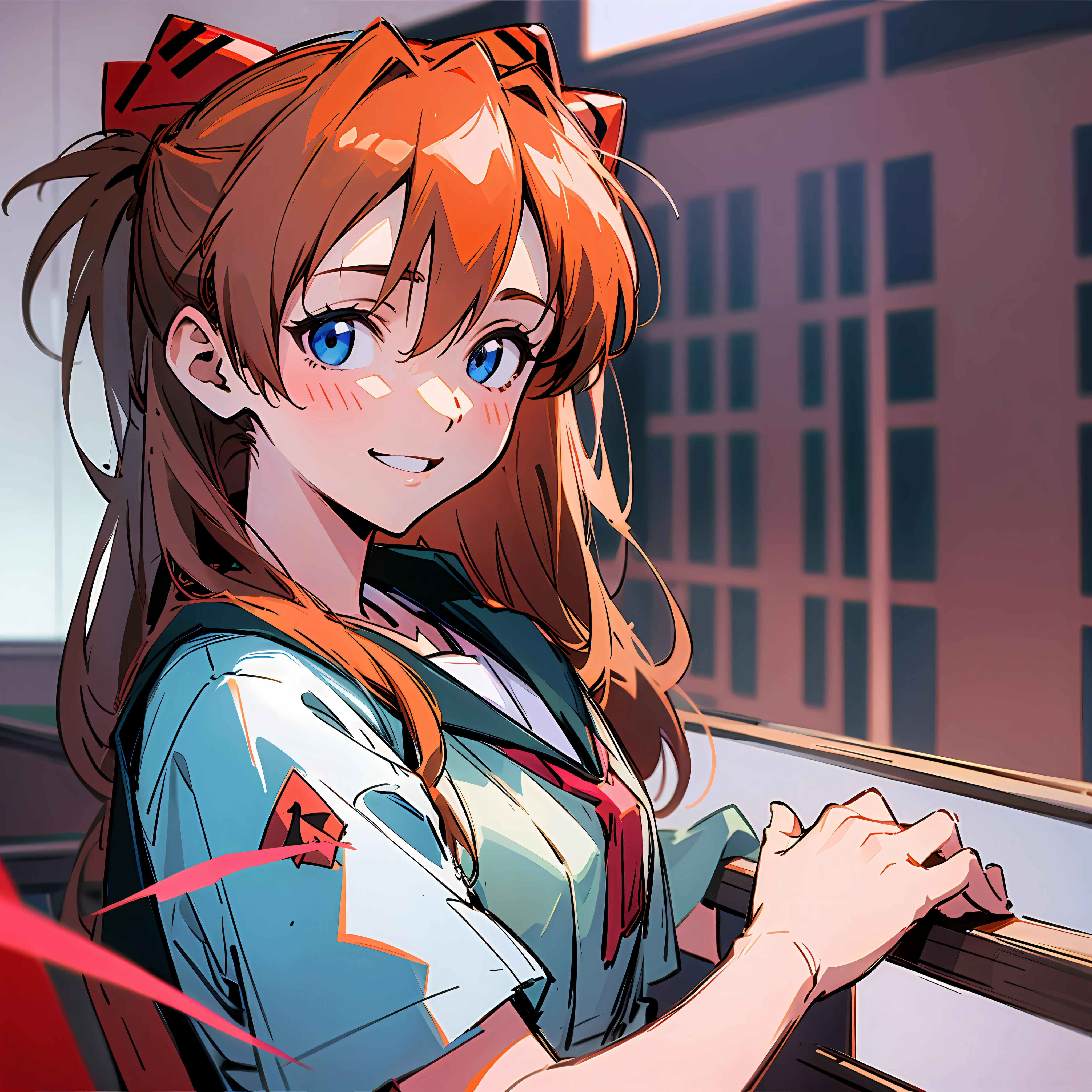 1 girl, Asuka, Evangelion, 8K, best quality, school uniform, classroom, smile