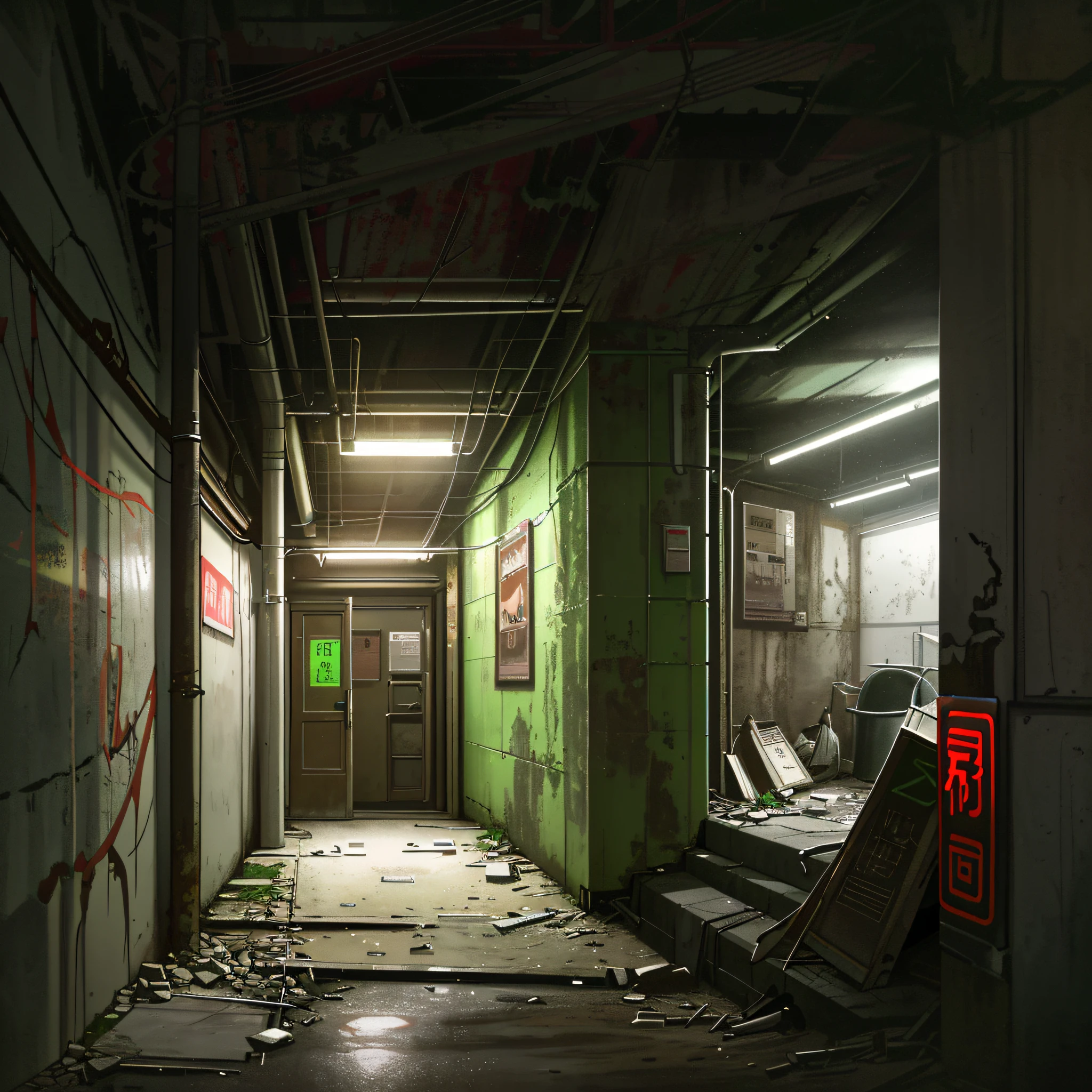 hyperrealistic and very detailed illustration of the entrance of a dark subway, point of view from the outside, very loaded image of objects, point of view from below, dirty and cracked cement stairs, trash can, metal signs, seats, cables, pole, rusty guardrails, gray walls, pale, empty boxes, damaged wall paint, some garbage on the floor,  very detailed advertisements on the neon wall, spotlight lights (very radiant), humidity, artificial and sterile environment, night, very dark landscape shadows, rainy night, very dense fog, red and green neon lights, vegetation between the cracks of the walls and the floor