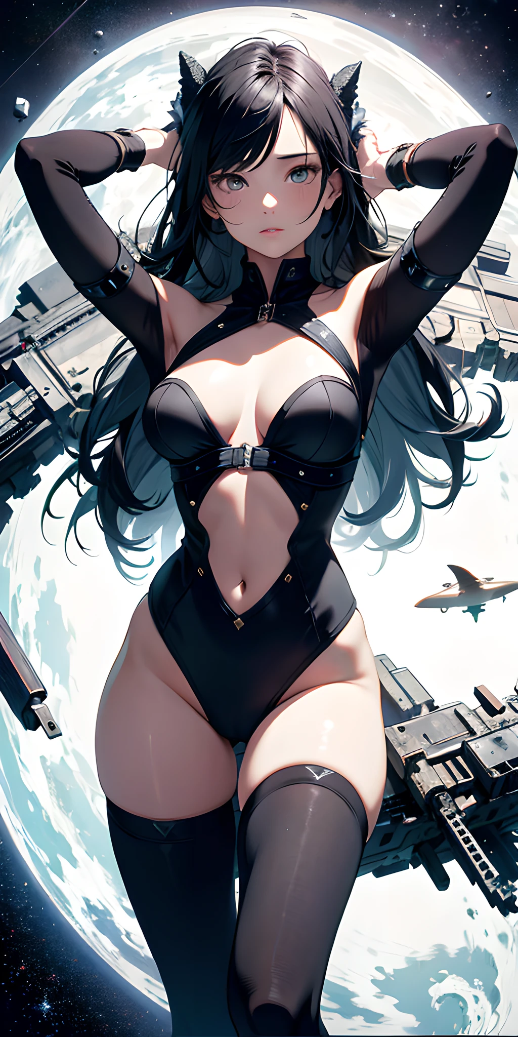 absurd res, high res, (masterpiece:1.4), ultra-detailed, 1girl, from above, space, floating,grimness