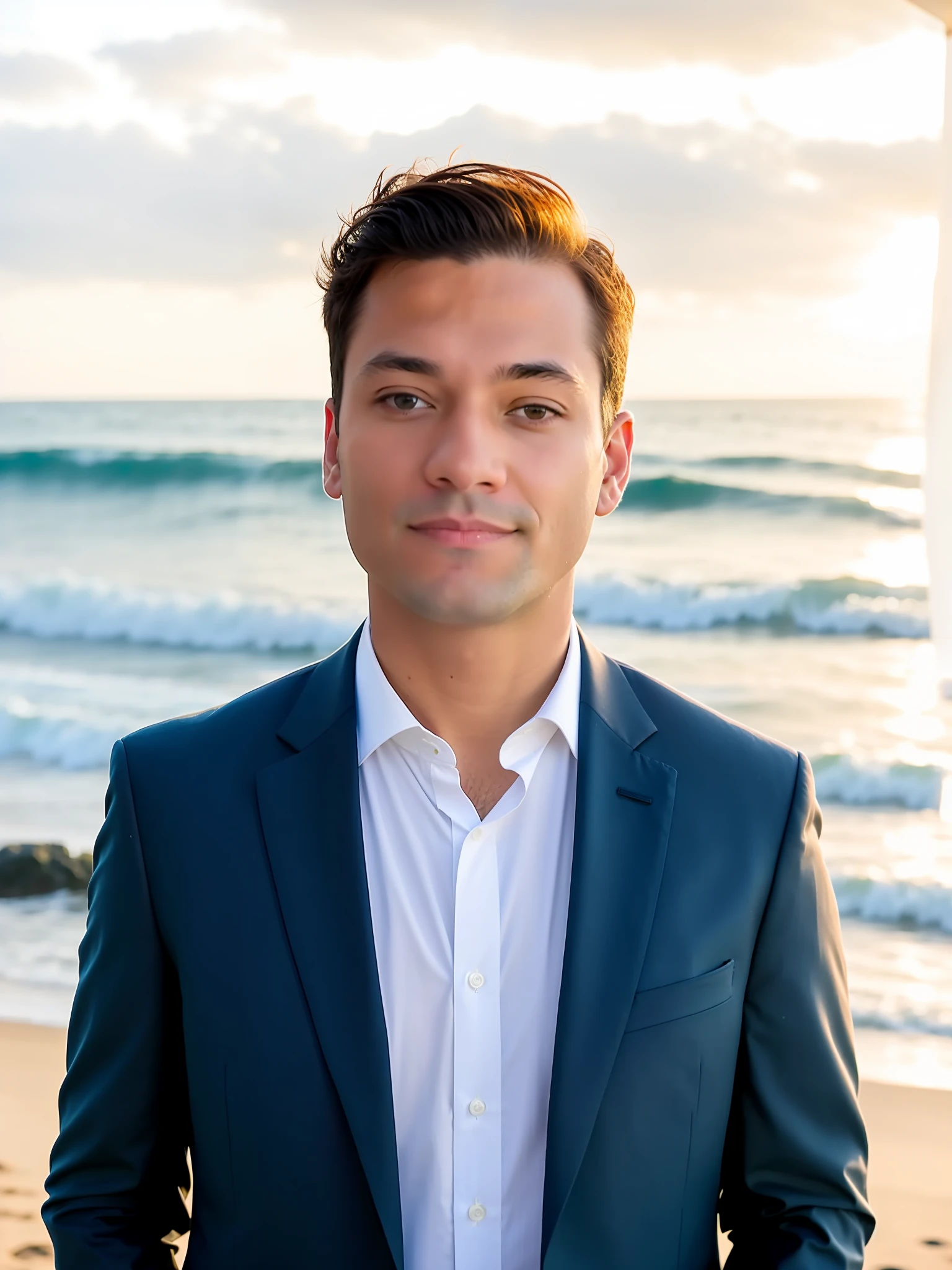 arafed man in a suit and tie standing on the beach,