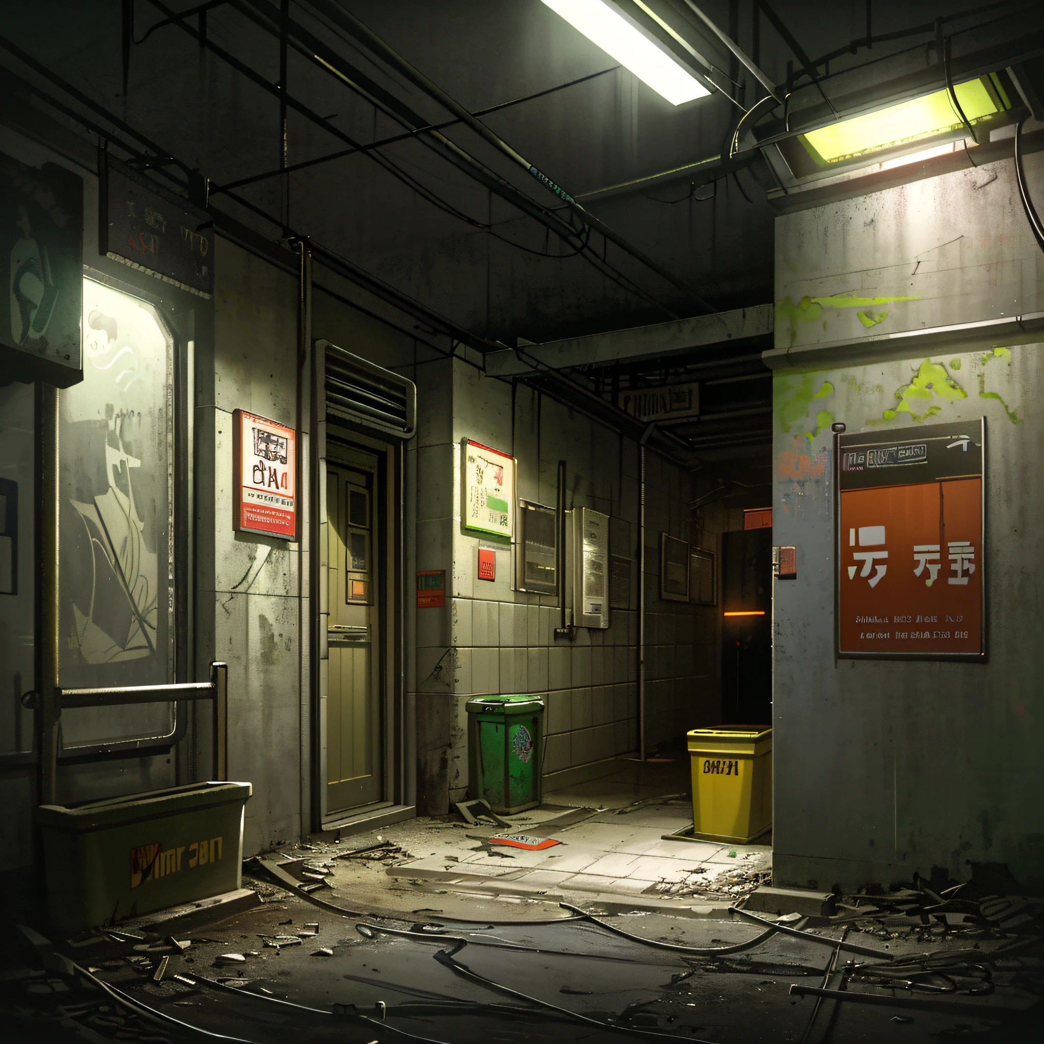 hyperrealistic and very detailed illustration of the entrance of a dark subway, point of view from the outside, very loaded image of objects, point of view from below, dirty and cracked cement stairs, trash can, metal signs, seats, cables, pole, rusty guardrails, gray walls, pale, empty boxes, damaged wall paint, some garbage on the floor, very detailed advertisements on the neon wall, spotlight lights (very radiant), humidity, artificial and sterile environment, night, very dark landscape shadows, rainy night, very dense fog, red and green neon lights, vegetation between the cracks of the walls and the floor