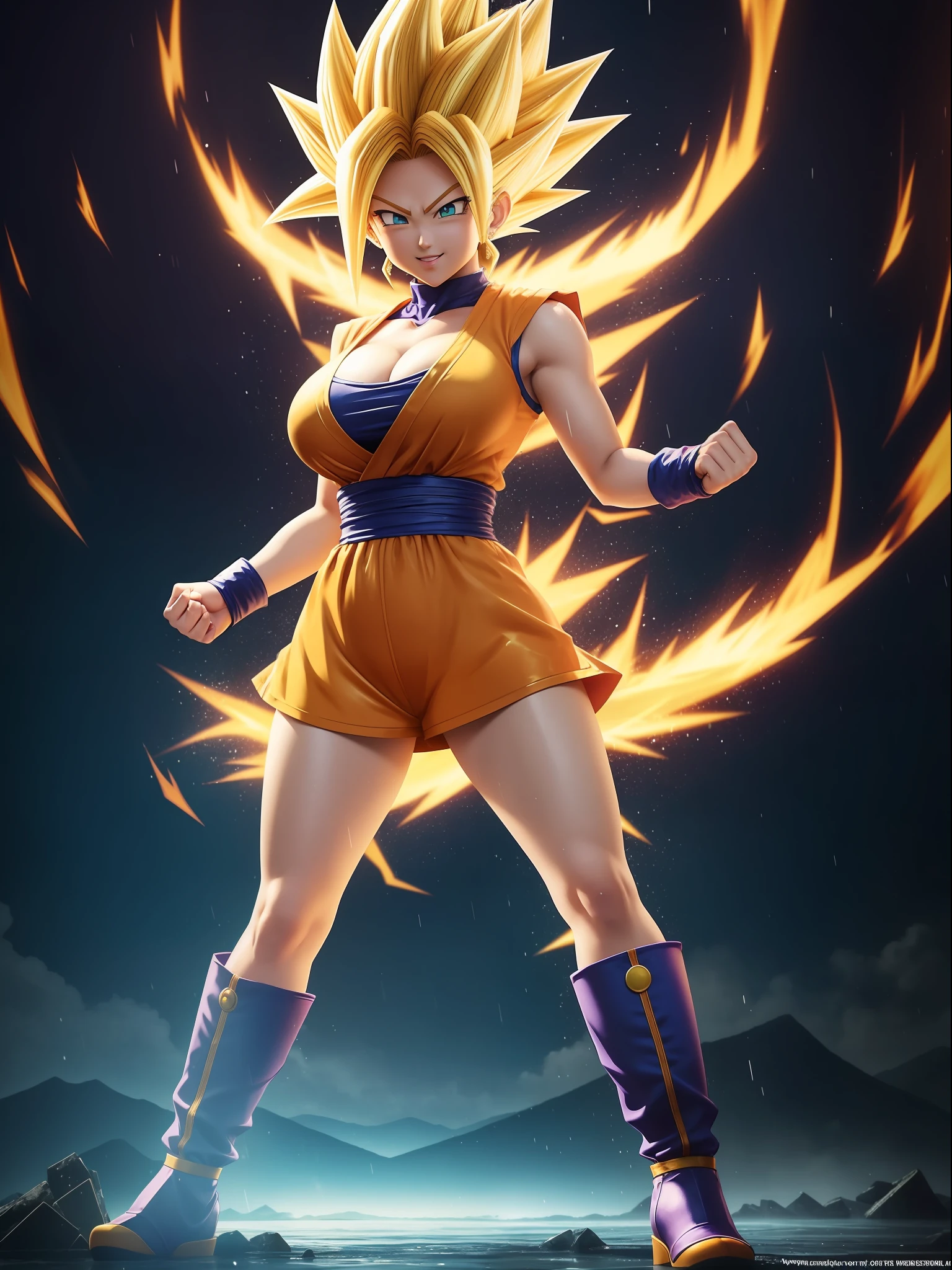 ((Full body photo, feet on the ground, straight body, Dragon Ball Anime)), ((Laura/woman, big breasts, extremely beautiful)), ((Super Saiyan Superior Instinct)) {transformed into Super Saiyan} wearing Goku child's costume/extremely tight on body, emanating golden magic aura circling furiously around the body. Background, completely destroyed city at night raining hard. Her outfit is soaked in water, she's staring at the viewer, smiling, fists clenched, concentrating magical aura, in a front-facing attack pose. Anime Dragon Ball, high detail, anime, 16k, UHD, retina, retina, ccurate, anatomically correct, textured skin, super detail, high quality, award winning