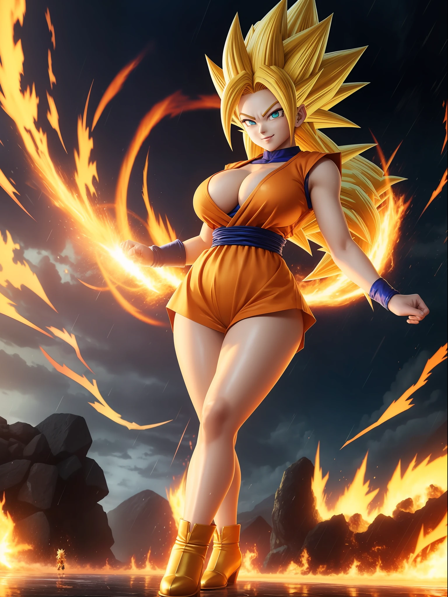 ((Full body photo, feet on the ground, straight body, Dragon Ball Anime)), ((Laura/woman, big breasts, extremely beautiful)), ((Super Saiyan Superior Instinct)) {transformed into Super Saiyan} wearing Goku child's costume/extremely tight on body, emanating golden magic aura circling furiously around the body. Background, completely destroyed city at night raining hard. Her outfit is soaked in water, she's staring at the viewer, smiling, fists clenched, concentrating magical aura, in a front-facing attack pose. Anime Dragon Ball, high detail, anime, 16k, UHD, retina, retina, ccurate, anatomically correct, textured skin, super detail, high quality, award winning