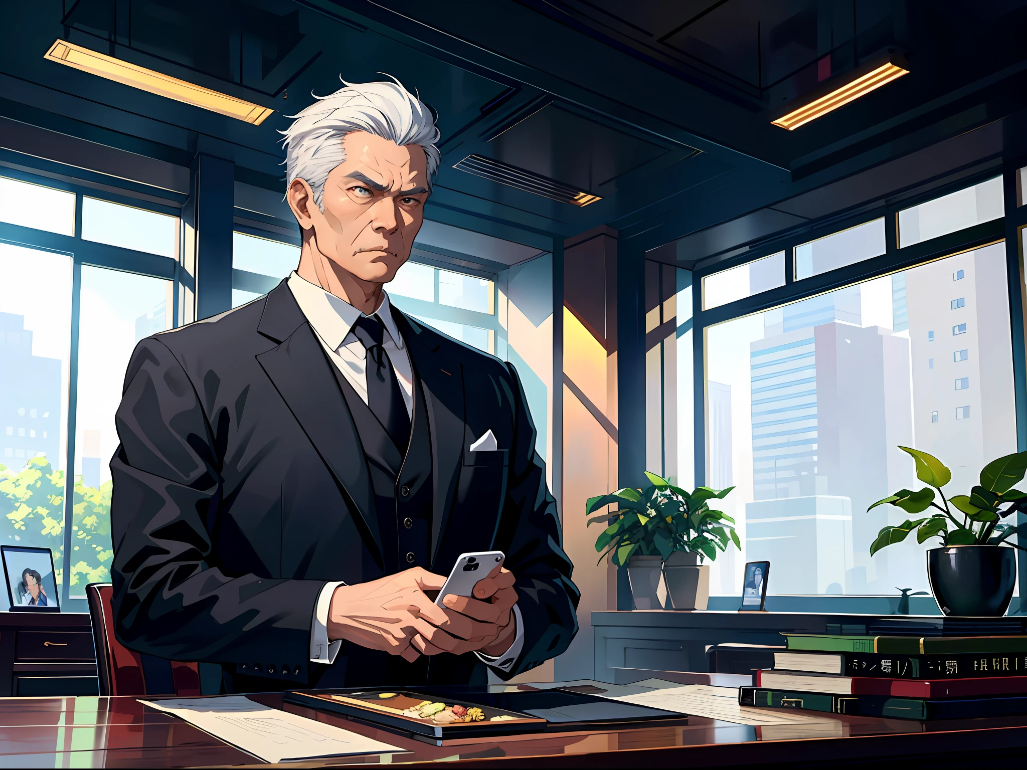 High resolution, highest quality, illustrations, super detailed, (detailed face), (detailed eyes), a handsome and mature Chinese middle-aged uncle in a black suit in a luxurious office, white hair, standing in front of the floor-to-ceiling window looking out, serious expression, frowning, holding a mobile phone in the middle of a call