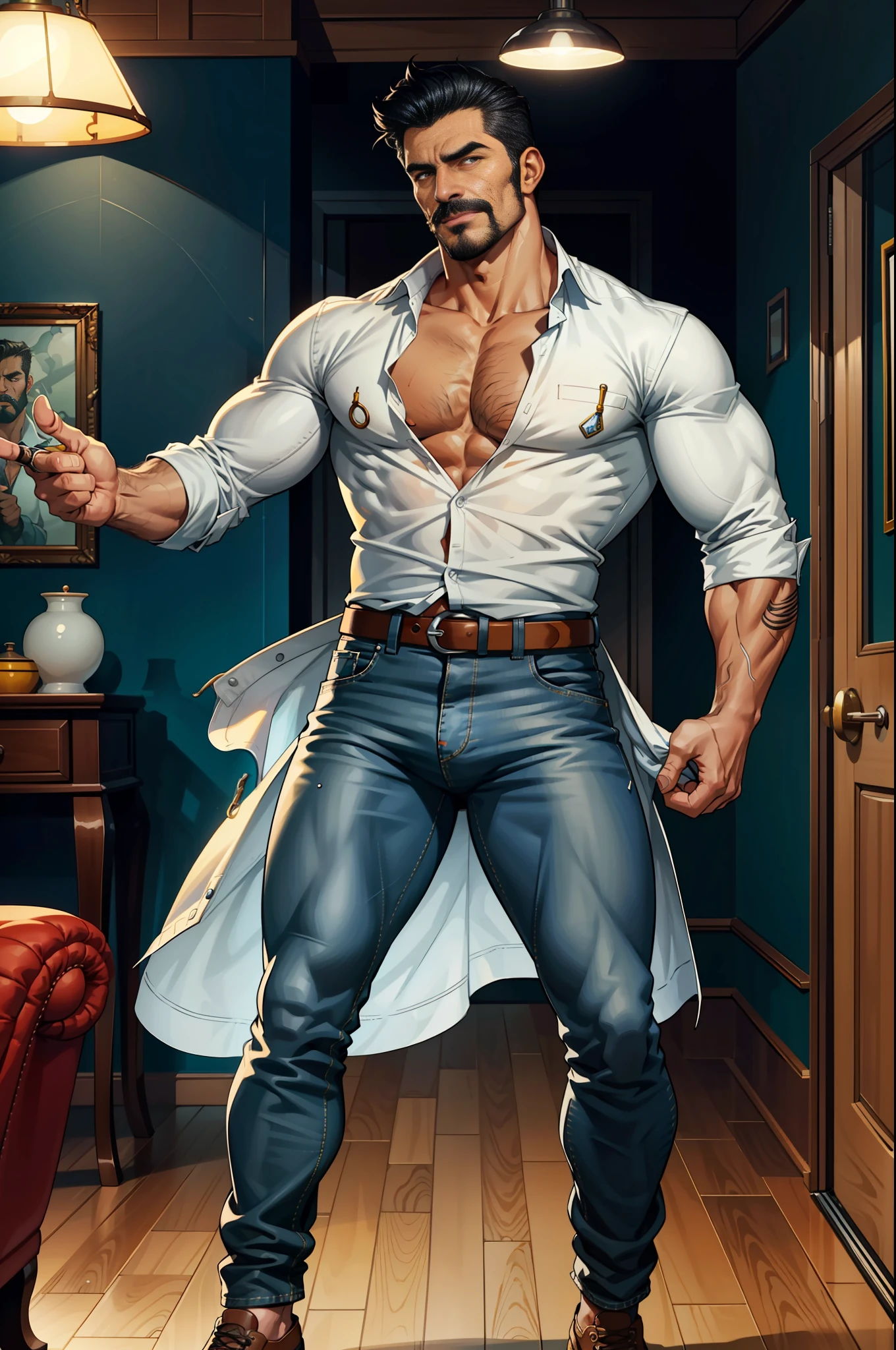 (original-art:1.2),(lineart:1.33), 1male, black hair, 1950s greaser, mature masculine muscular, handsome chisled facial features, muscular hairy body, 70s mustache, unbuttoned ripped white shirt, open shirt, taking his shirt off, un-zipped jeans, opened pants, taking his pants off, pubic hair, huge crotch bulge, sexy, hot, jock, erotic, (hyperdefined),(inked-art), hero-angle, masculine stance, erotica, full body shot, cartoon, indoor, dramatic lighting, sidelighting,complex lighting,(full vibrant colors),hatched-texture,(fine-details:1.2),absurdres,flat-colors,ultradetailed, city street,
