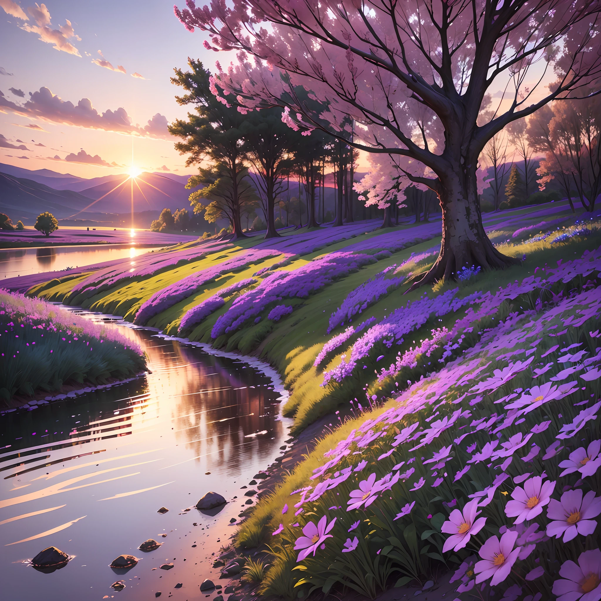 Landscape with blue and purple flowers, realistic, sunset, --auto --s2