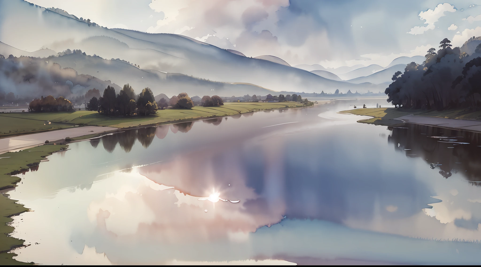 (watercolor style, spectral art) + majestic river overlooking the panorama + costume back (vista) + (flow + subtle reflection) + (blending + splashing) + (light and shadow clear + swaying dynamic)