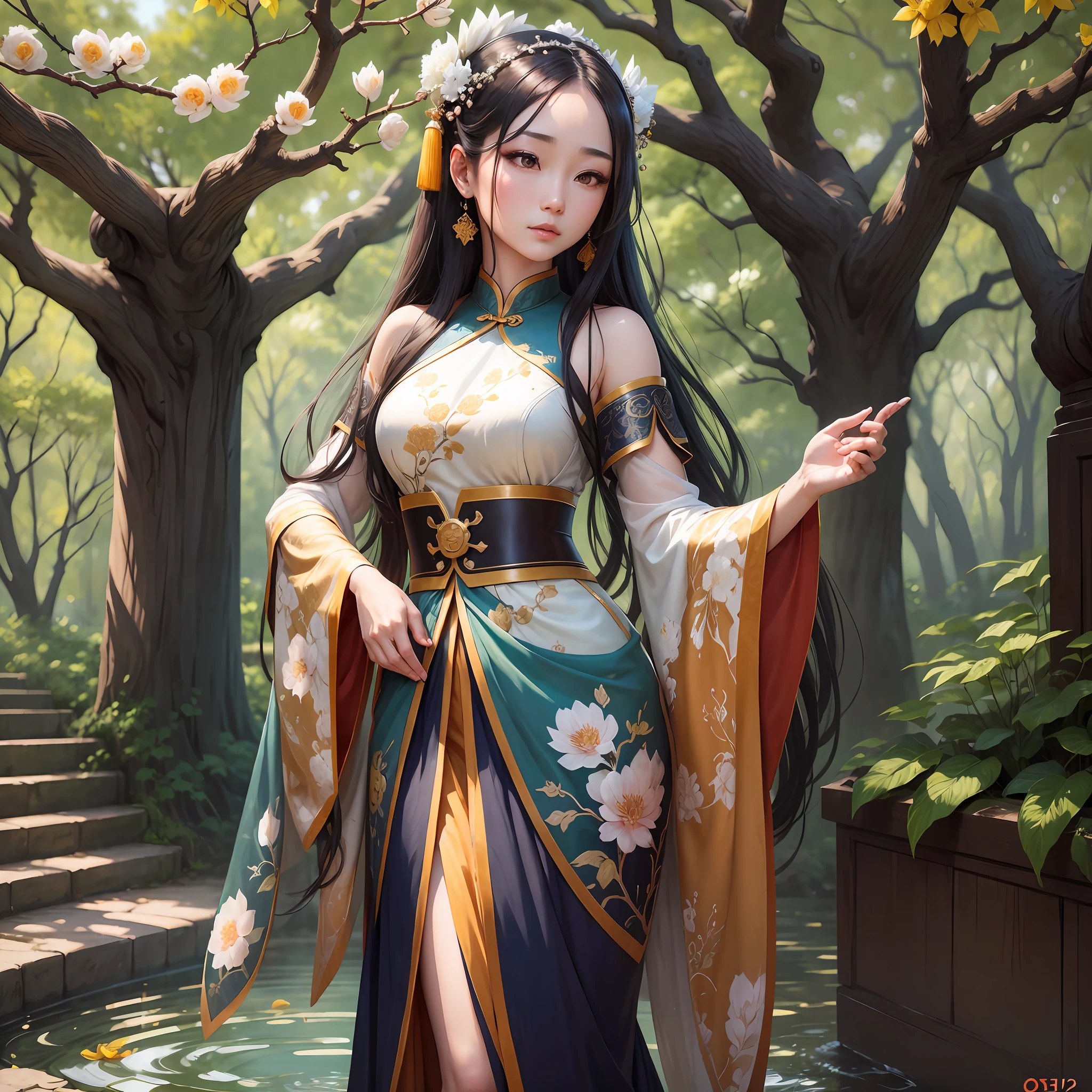 An ancient Chinese beauty standing under an osmanthus tree, charming temperament, flowing long skirt, clear face, beautiful eyes, osmanthus falling, masterpiece, super detailed, epic composition, super HD, high quality, extremely detailed, official art, unified 8k wallpaper, super detailed, 32k --auto --v 6 --s2