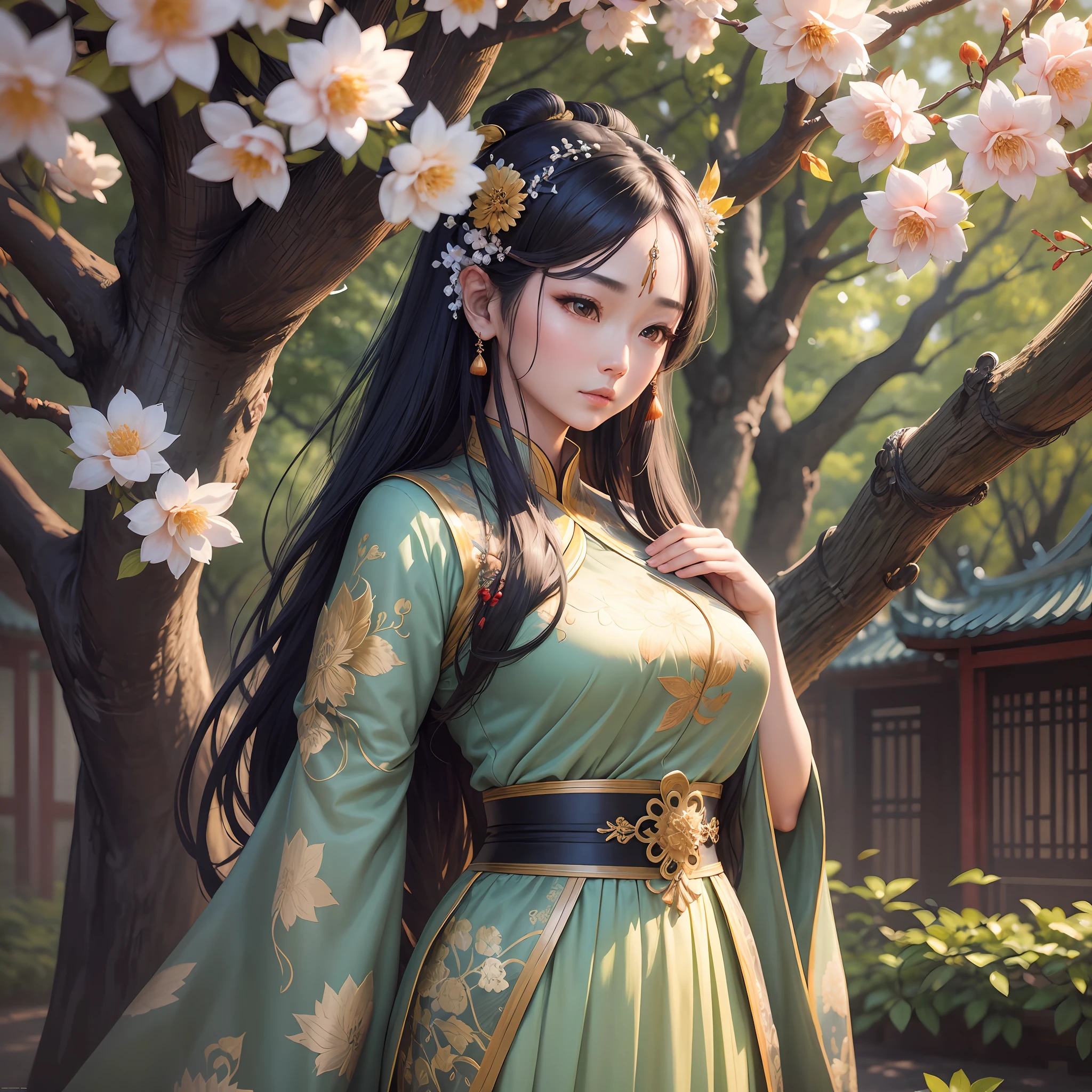 An ancient Chinese beauty standing under an osmanthus tree, charming temperament, flowing long skirt, clear face, beautiful eyes, osmanthus falling, masterpiece, super detailed, epic composition, super HD, high quality, extremely detailed, official art, unified 8k wallpaper, super detailed, 32k --auto --v 6 --s2